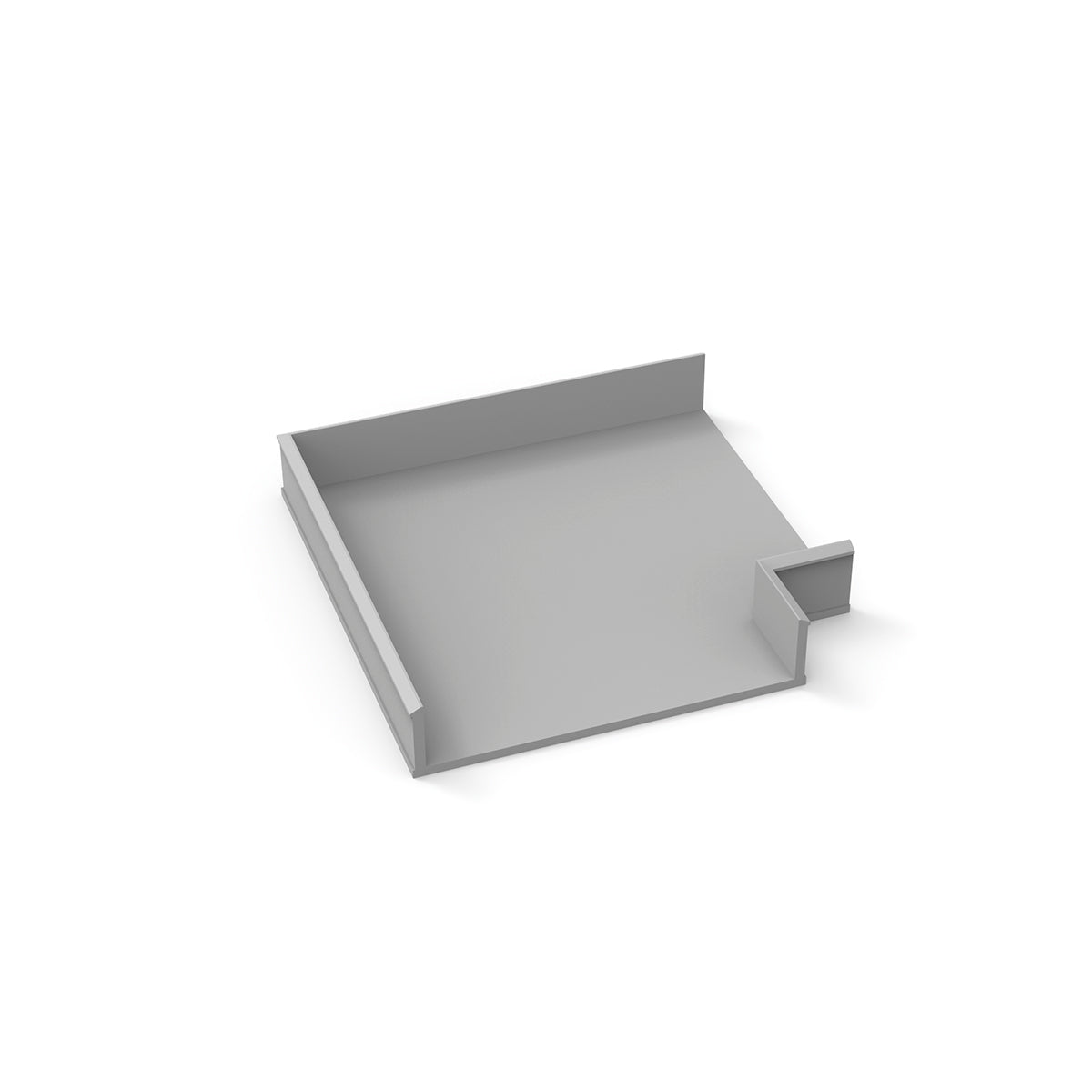Gray rectangular linear drain component with sloped surface and outlet port on right side.