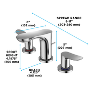 Polished chrome two-handle widespread bathroom sink faucet with curved spout and dimensions labeled.