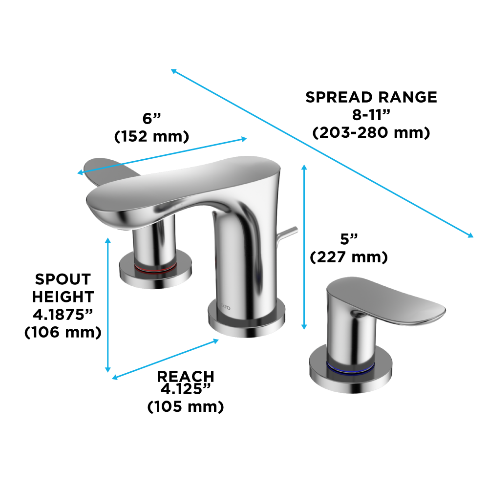 Brushed nickel two-handle widespread bathroom sink faucet with curved spout and dimension specifications labeled.