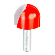 Red round nose router bit with silver shank marked "Freud 18-134" on white background.