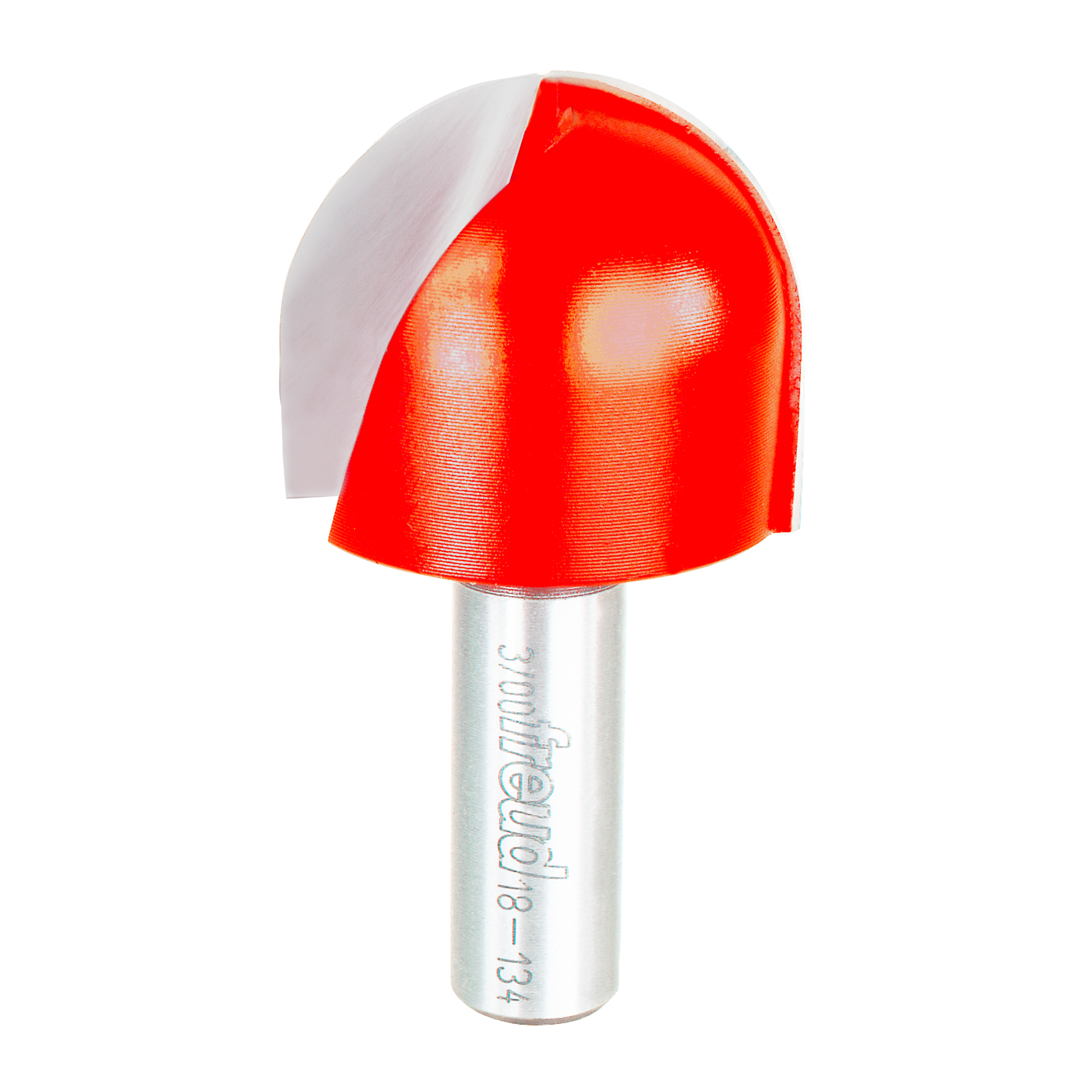 Red round nose router bit with silver shank marked "Freud 18-134" on white background.