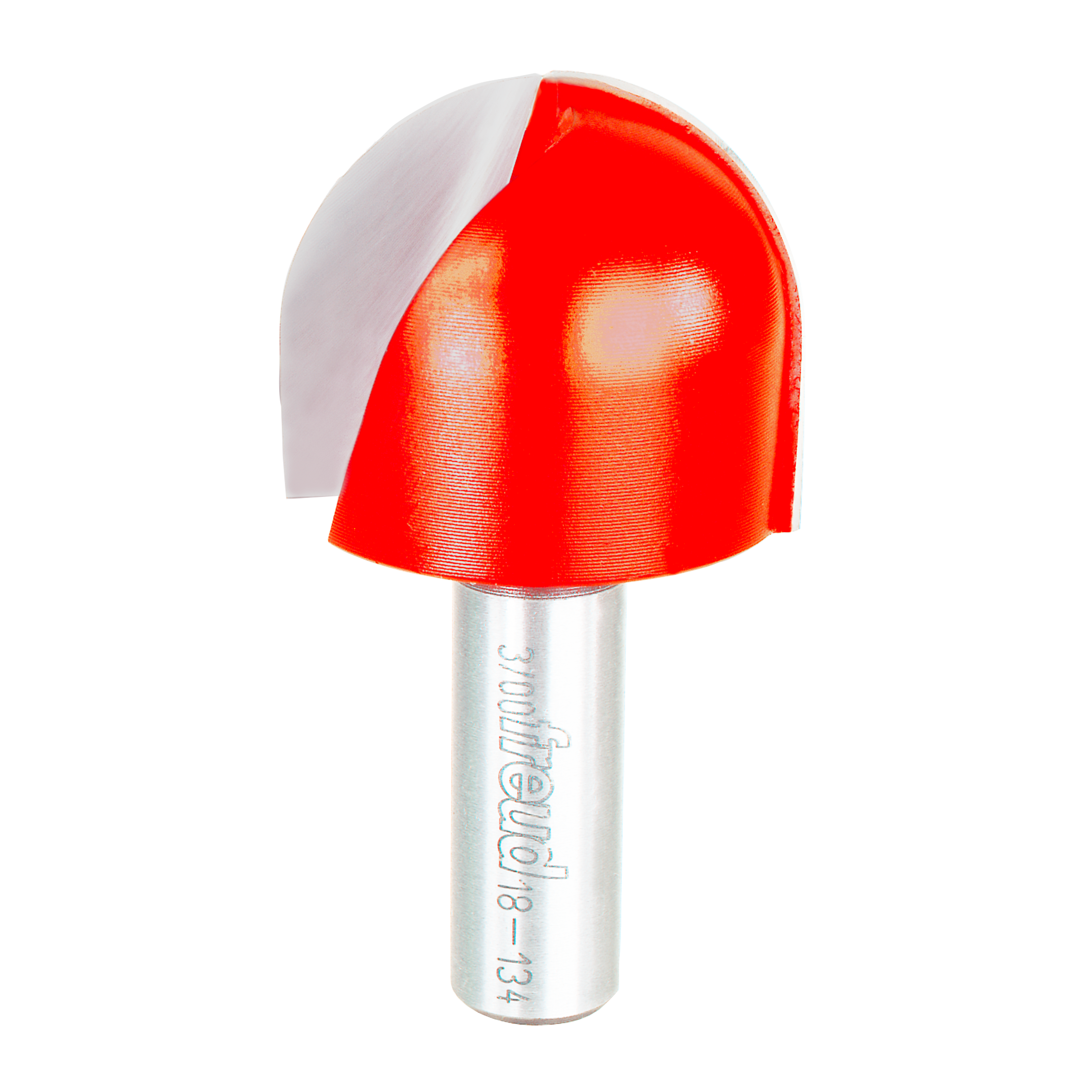 Red round nose router bit with silver shank marked "Freud 18-134" on white background.