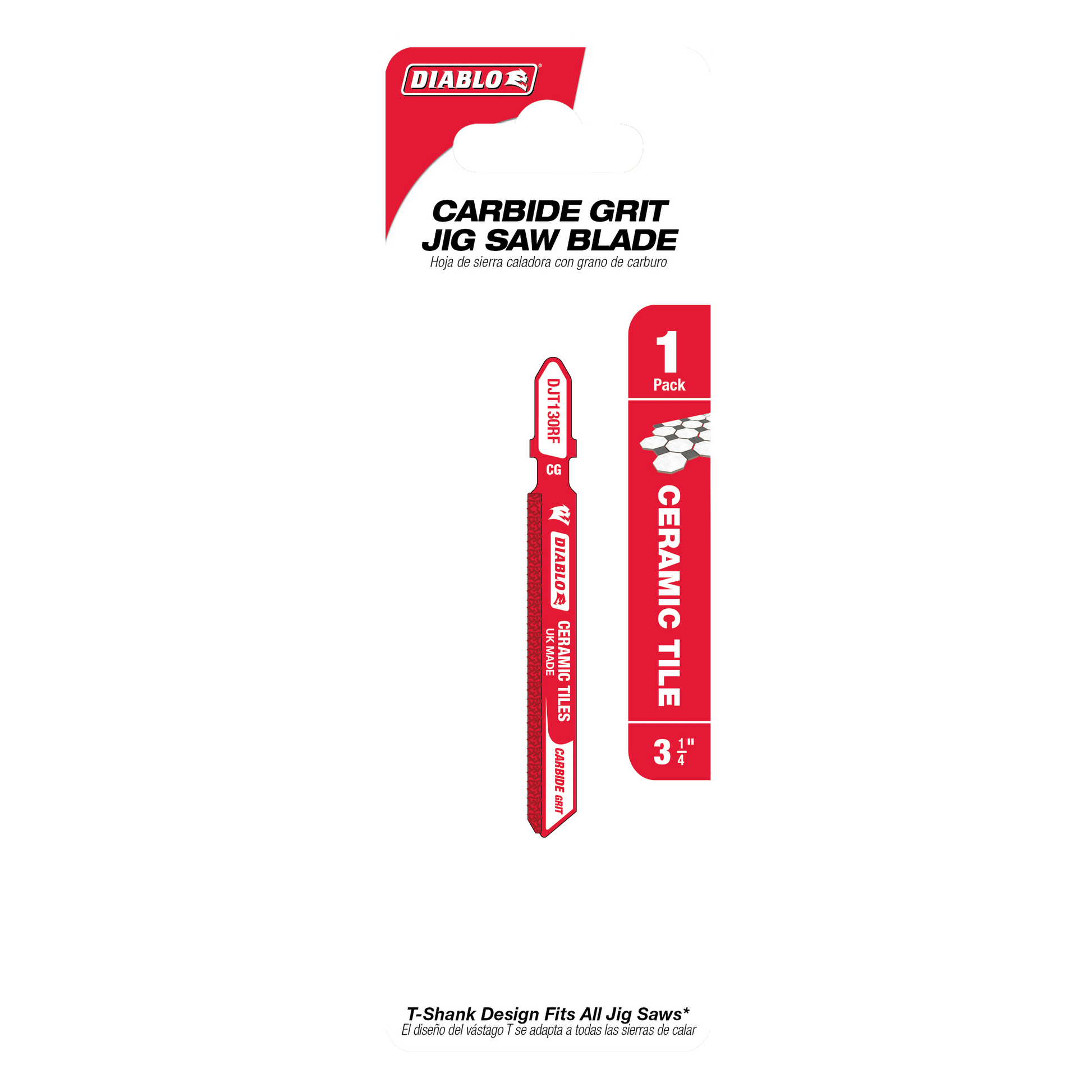 Diablo carbide grit T-shank jig saw blade with red packaging showing 3-1/4 inch length for ceramic tile and glass cutting.