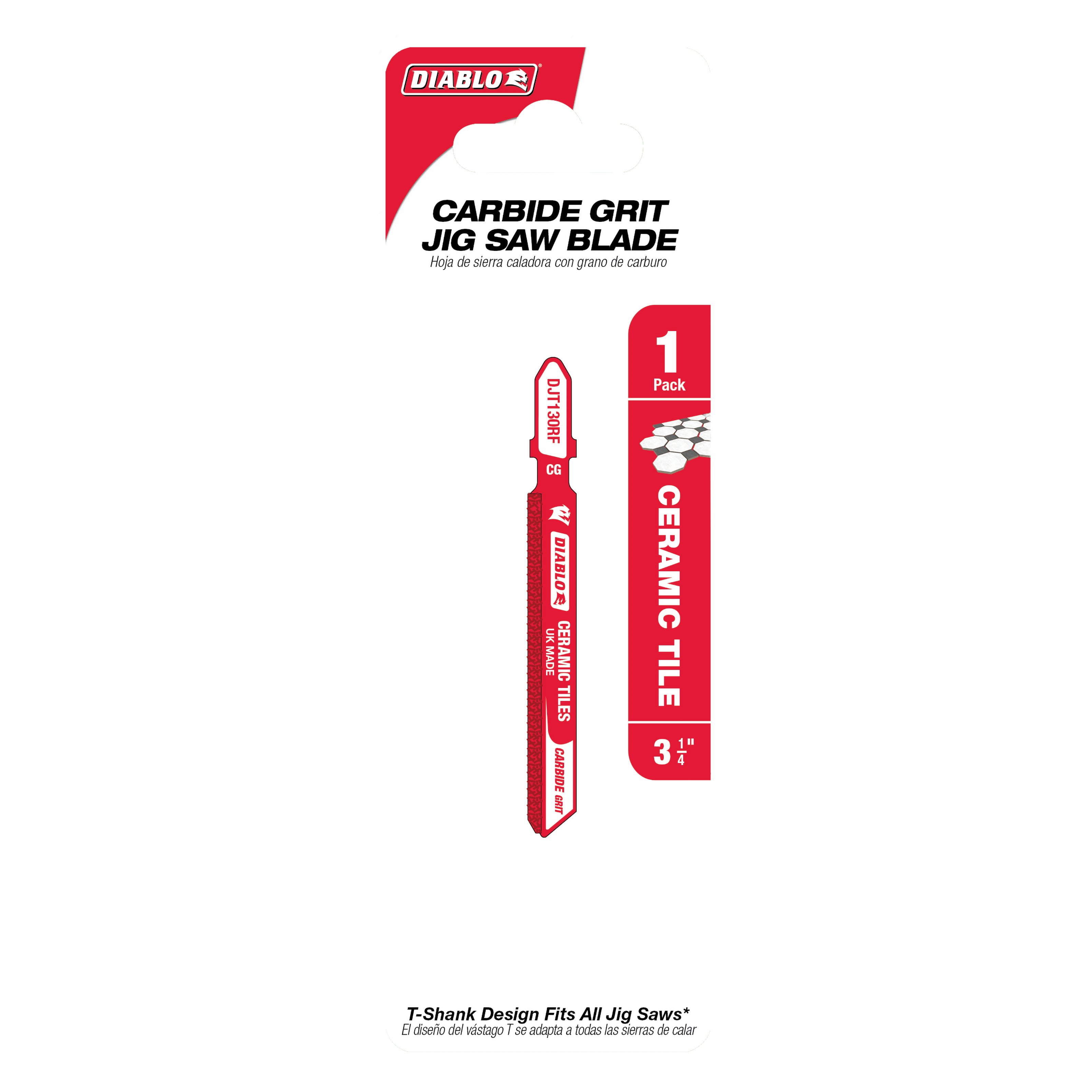 Diablo carbide grit T-shank jig saw blade with red packaging showing 3-1/4 inch length for ceramic tile and glass cutting.
