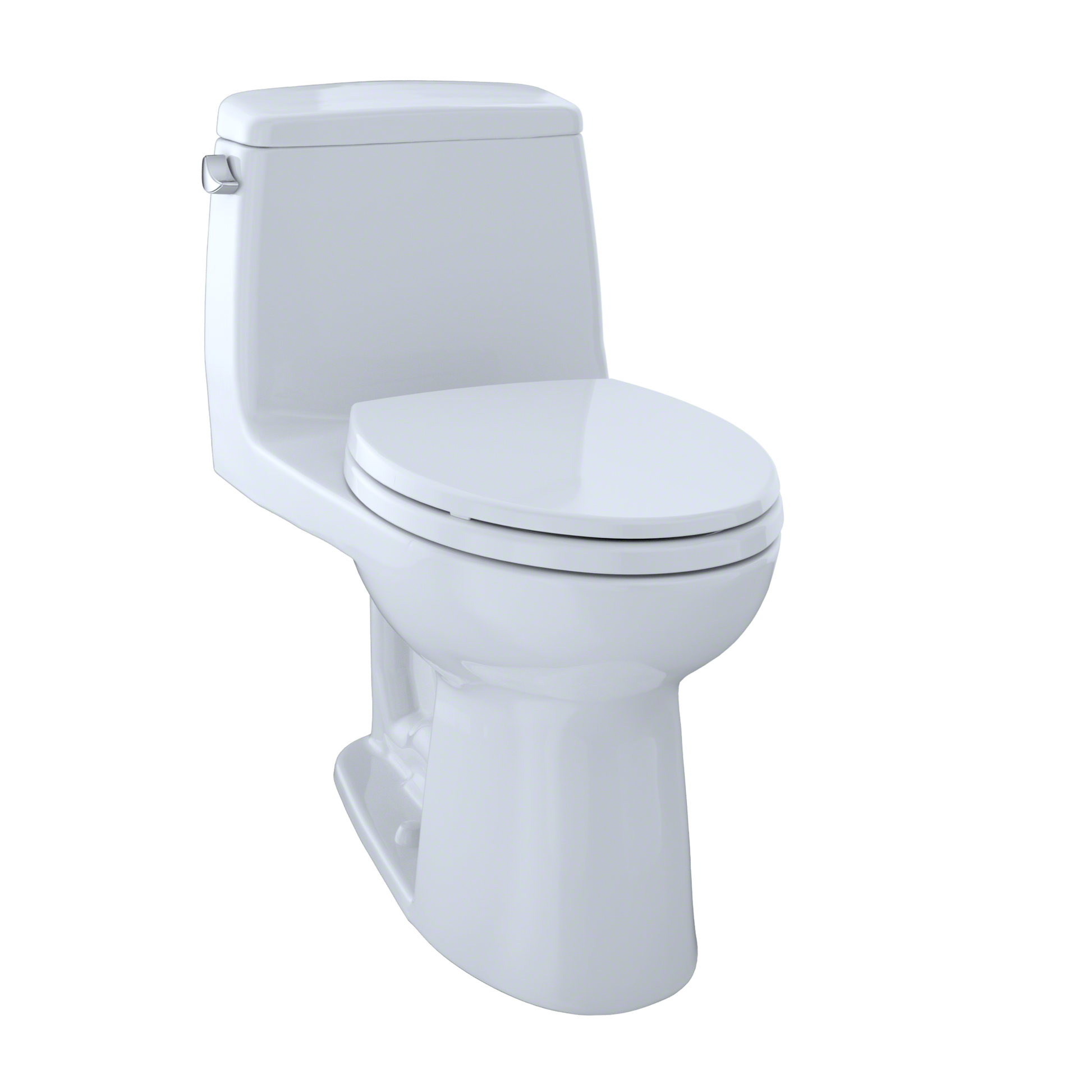 White elongated one-piece toilet with soft-close seat and matching tank.