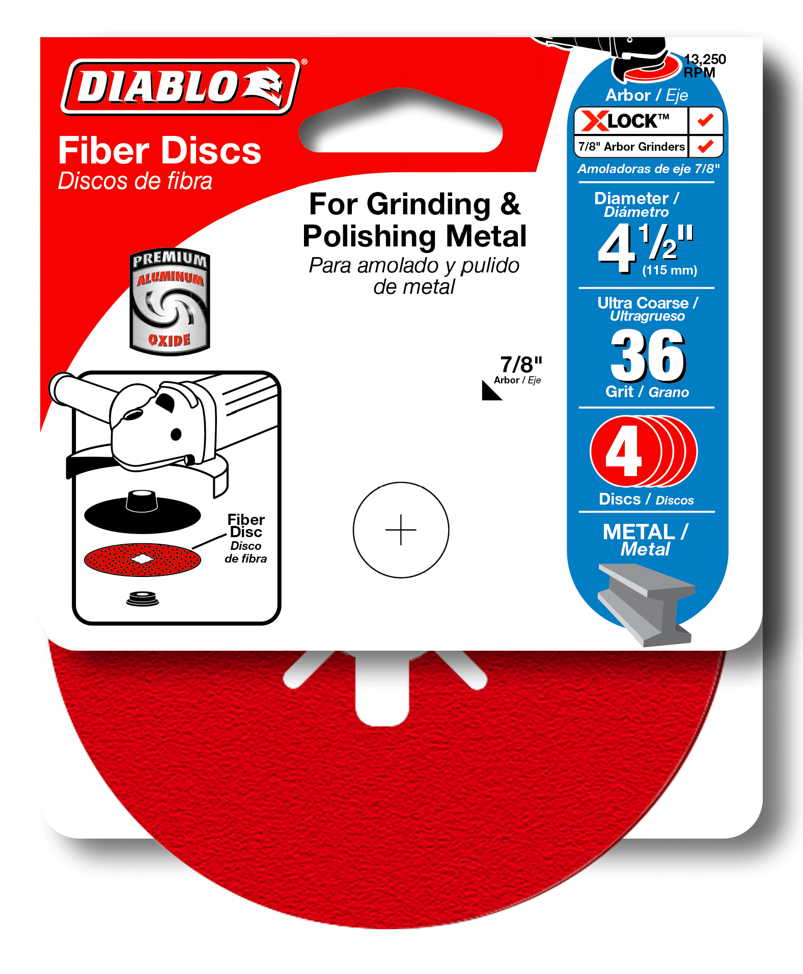 Diablo packaging showing four red 4-1/2 inch fiber discs with 36 grit aluminum oxide for metal grinding and polishing.