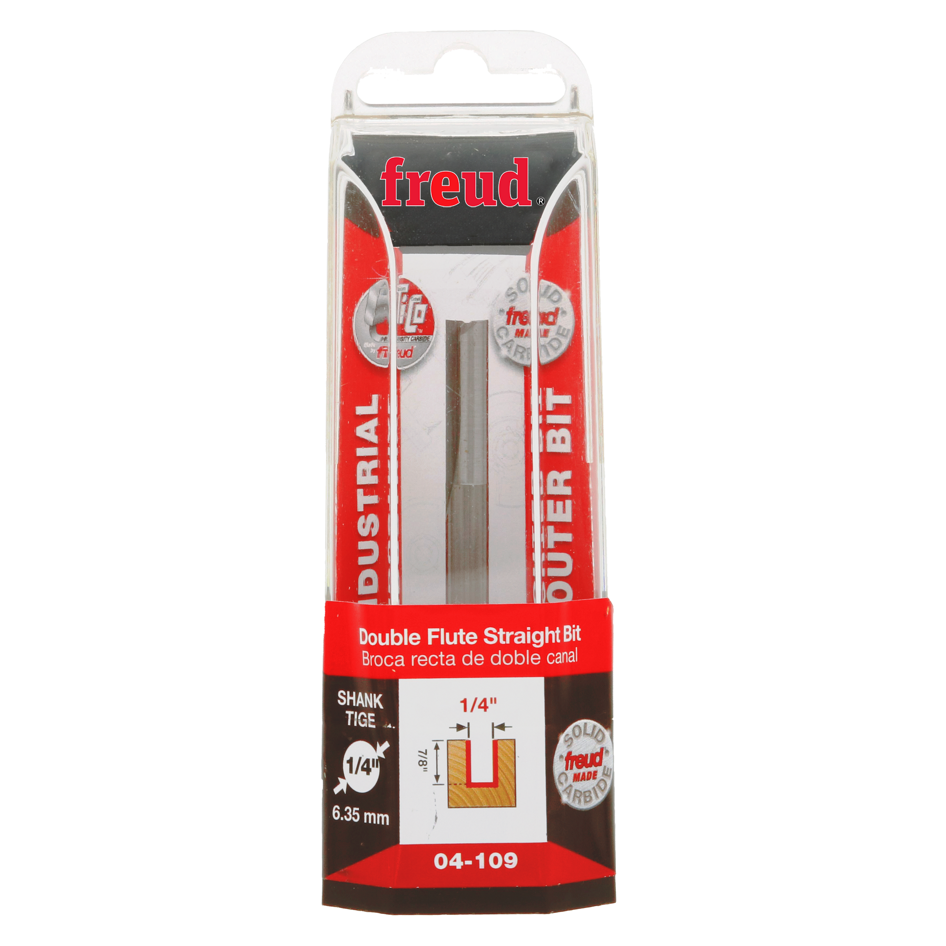 Freud 04-109 router bit with 1/4" diameter straight flute cutting head and 1/4" shank in retail packaging.