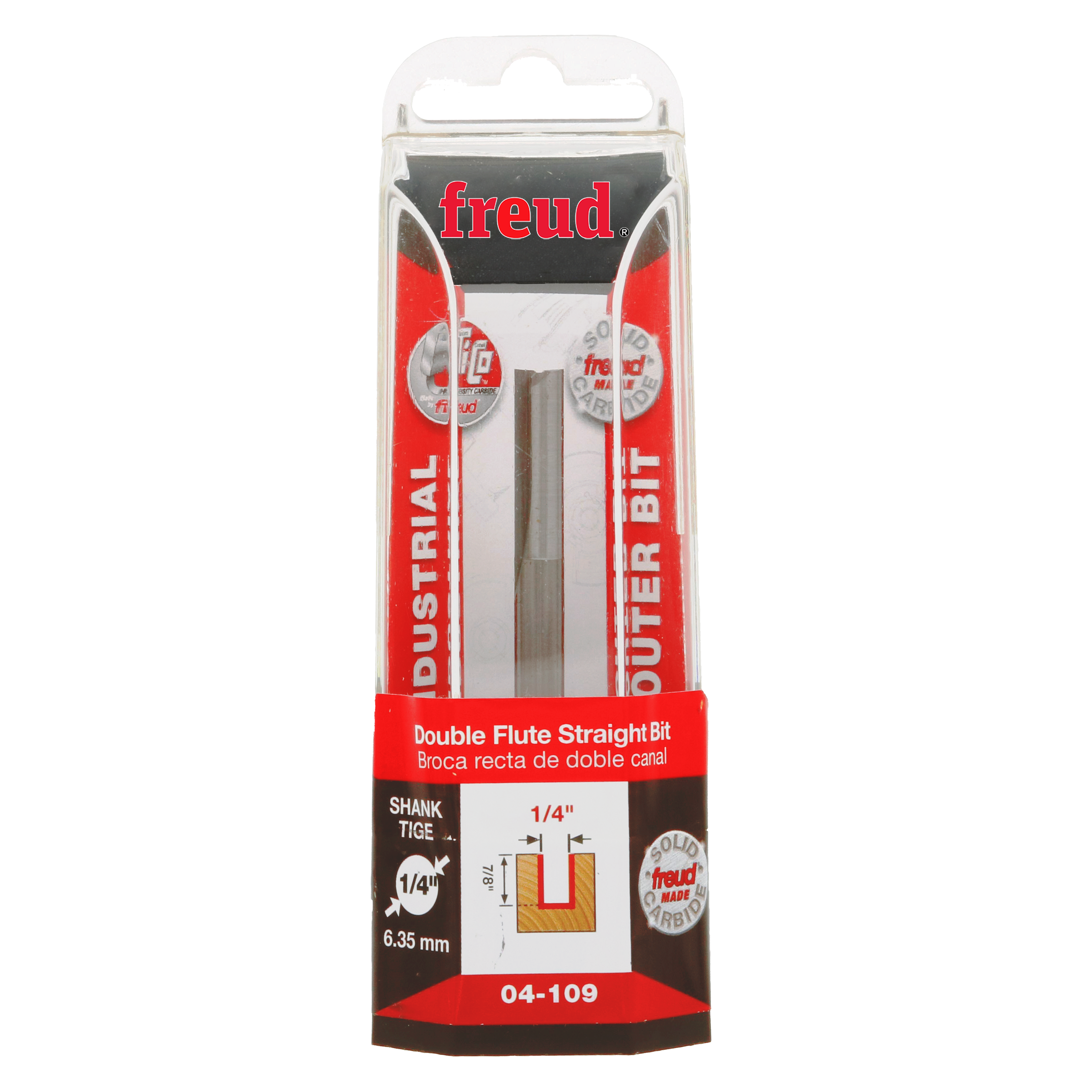 Freud 04-109 router bit with 1/4" diameter straight flute cutting head and 1/4" shank in retail packaging.