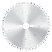 Silver circular sawblade with carbide teeth around the edge, center arbor hole, and Freud branding on the face.