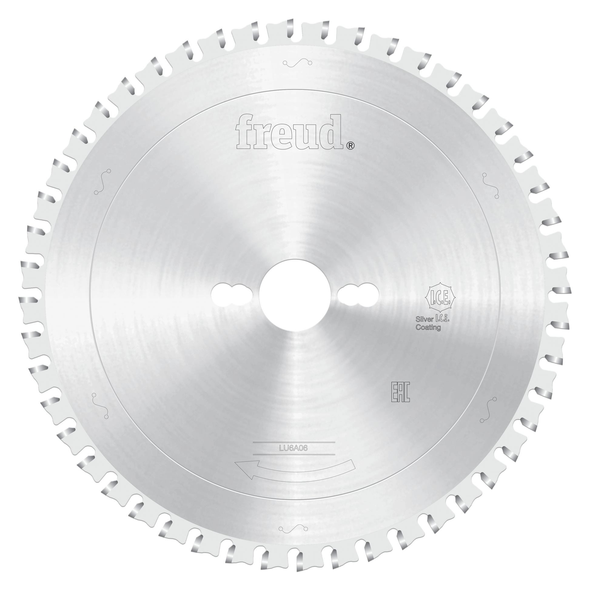 Silver circular sawblade with carbide teeth around the edge, center arbor hole, and Freud branding on the face.