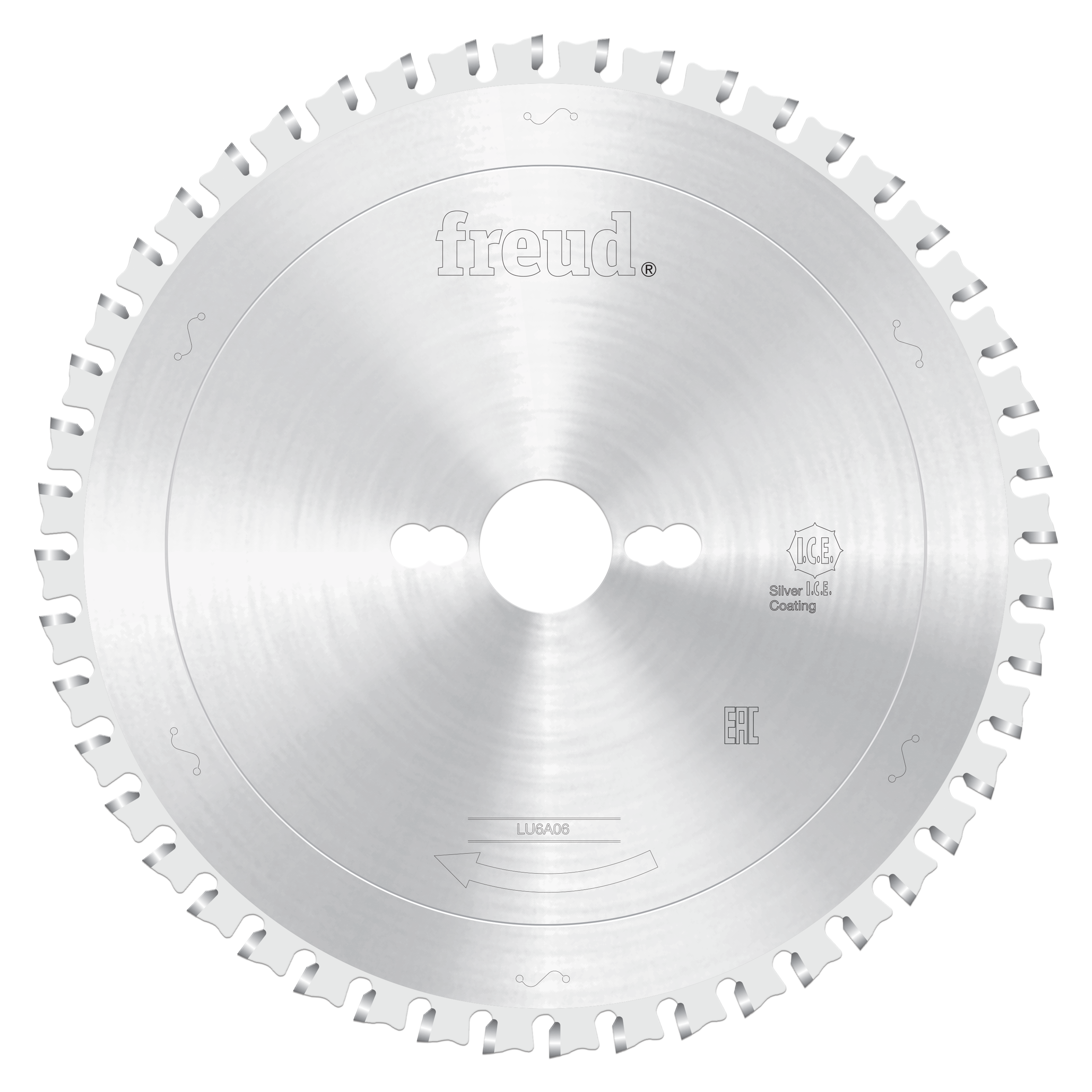 Silver circular sawblade with carbide teeth around the edge, center arbor hole, and Freud branding on the face.