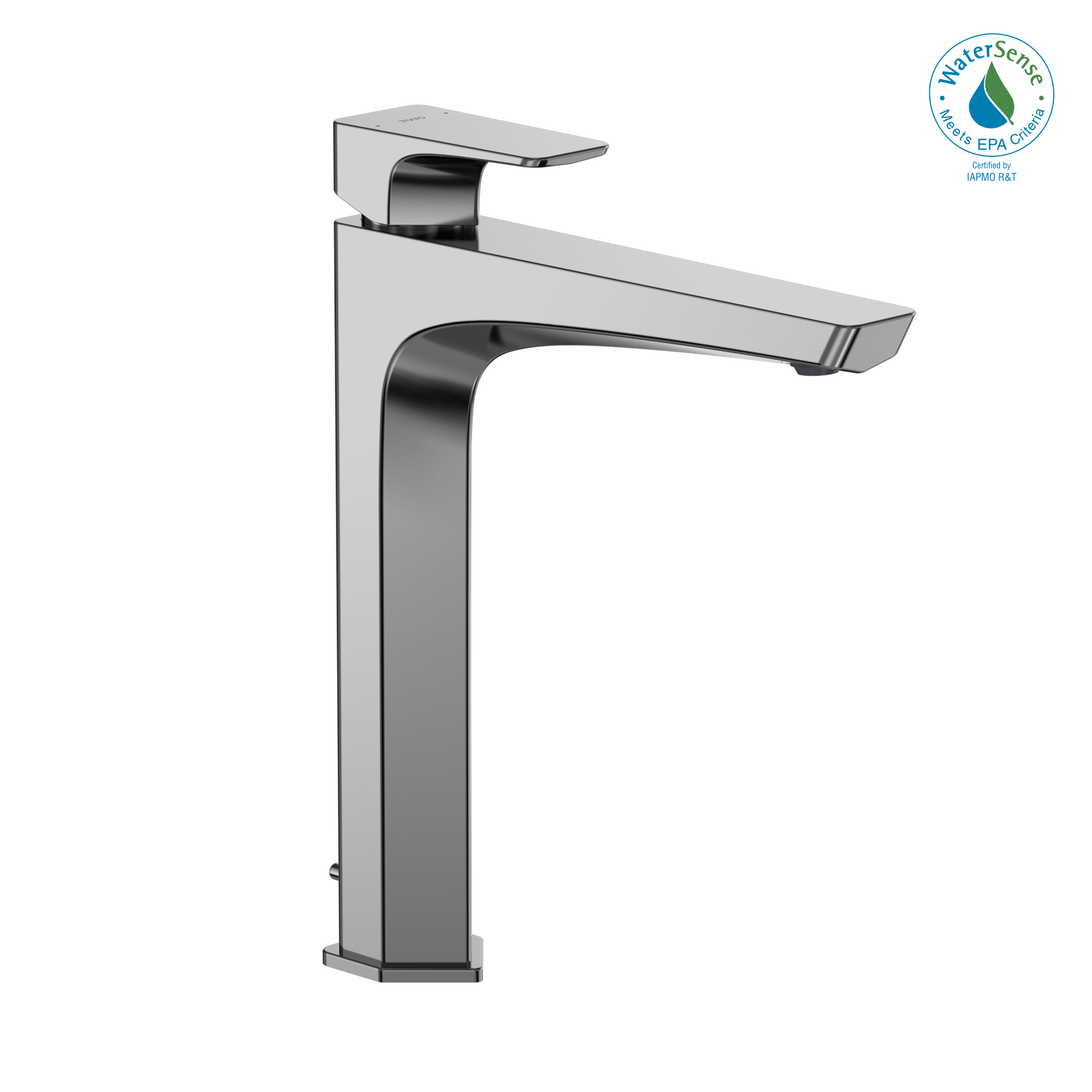 Polished chrome single-handle vessel bathroom sink faucet with tall curved spout and rectangular base.