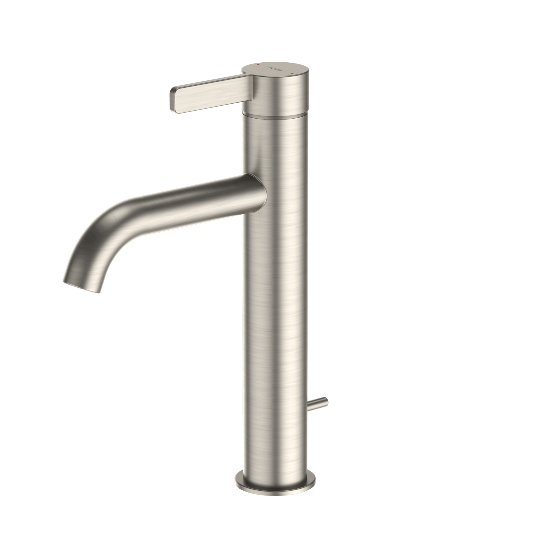 Brushed nickel single-handle bathroom faucet with curved spout and lever handle for vessel sinks.