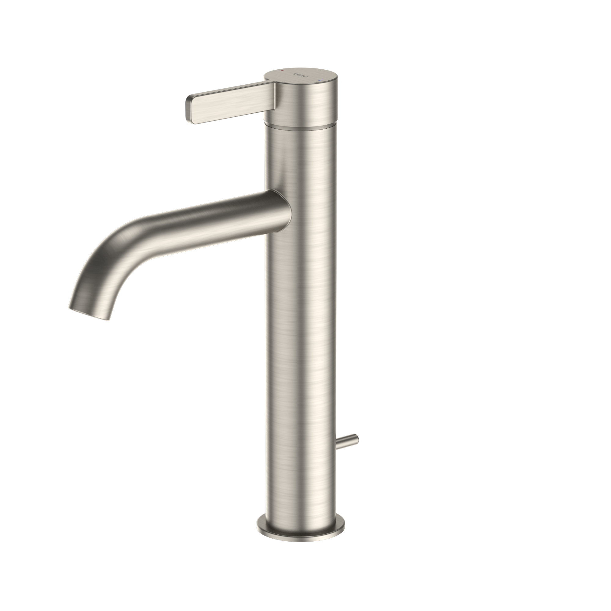Brushed nickel single-handle bathroom faucet with curved spout and lever handle for vessel sinks.