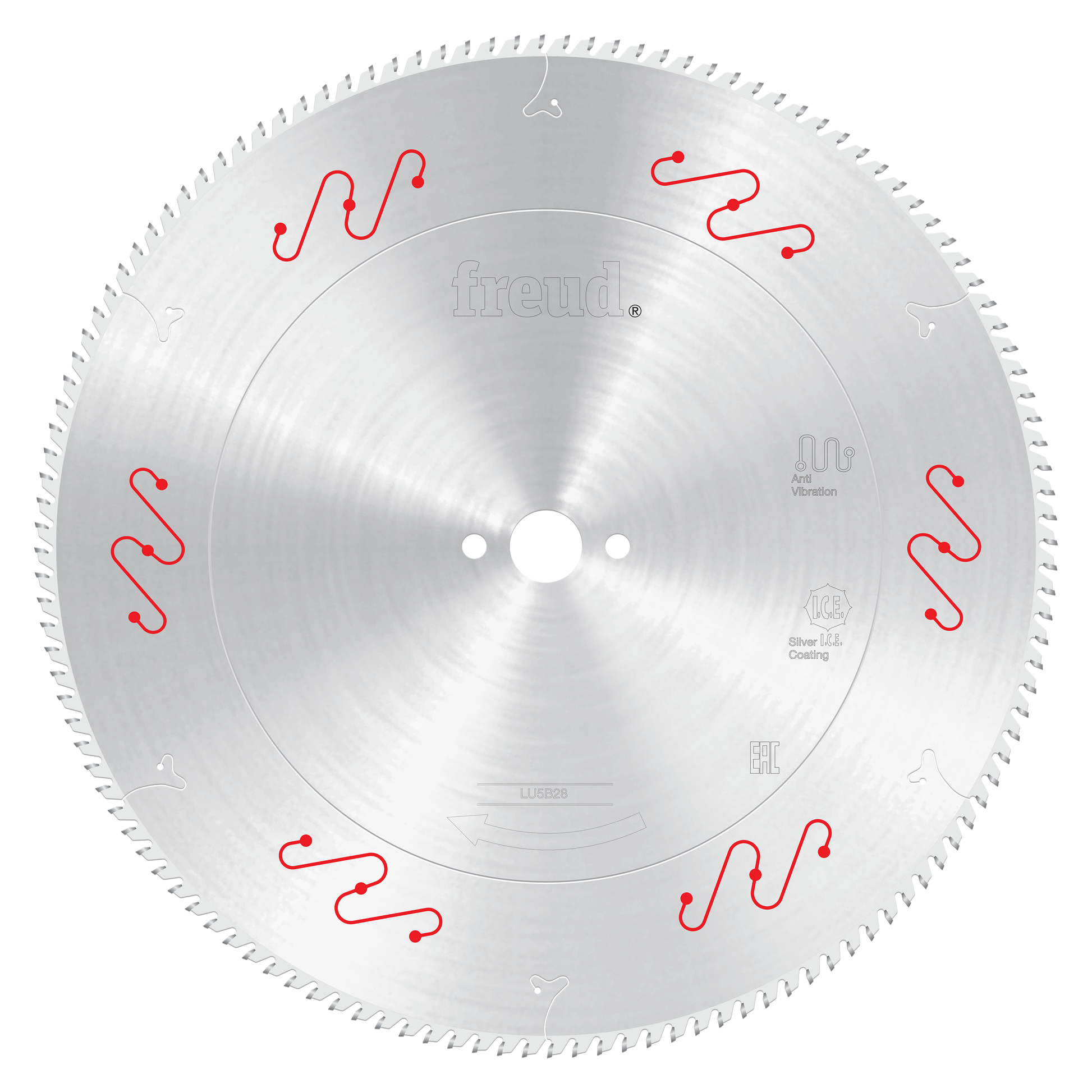 Freud 450mm circular saw blade with fine teeth and red mechanical clamping markers for aluminum cutting.