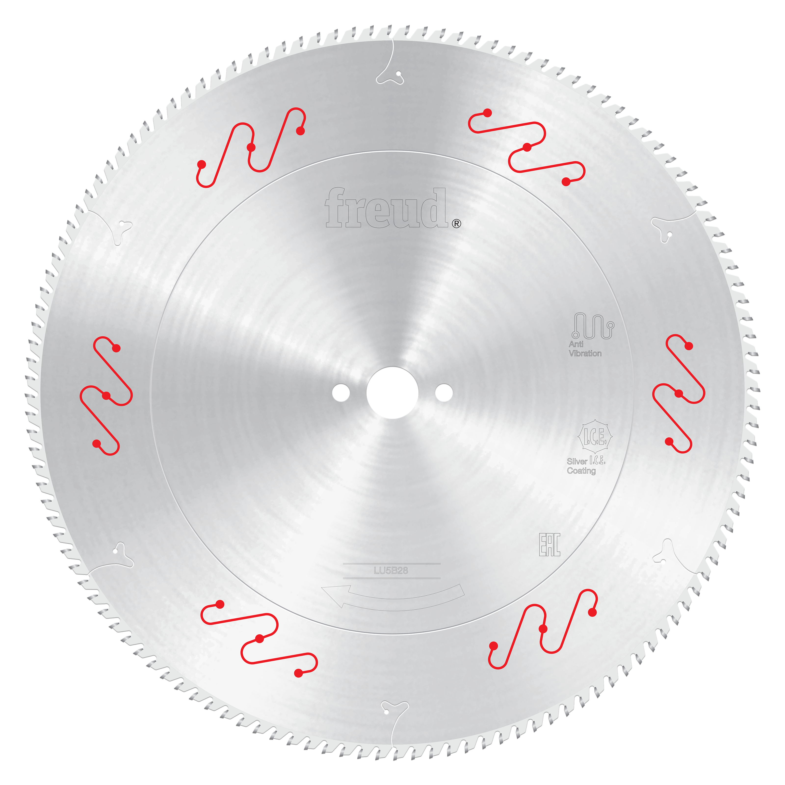 Freud 450mm circular saw blade with fine teeth and red mechanical clamping markers for aluminum cutting.