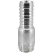 Galvanized steel hose barb adapter with threaded male NPT connection on lower end and ribbed hose insert on upper end.