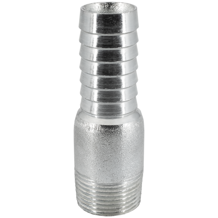 Galvanized steel pipe adapter with threaded male end and barbed insert end for hose connection.