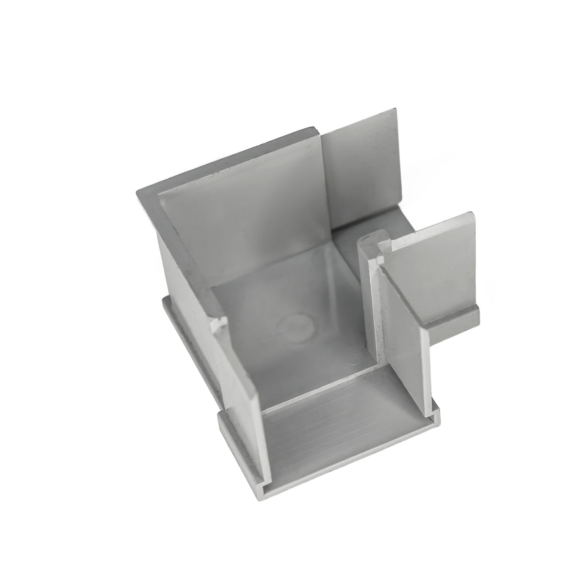 Gray linear drain component with rectangular basin and side outlet connection, shown from angled top view.
