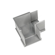 Gray linear drain component with rectangular basin and side outlet connection, shown from angled top view.