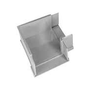 Gray linear drain component with sloped interior basin and side outlet connector, shown in perspective view.