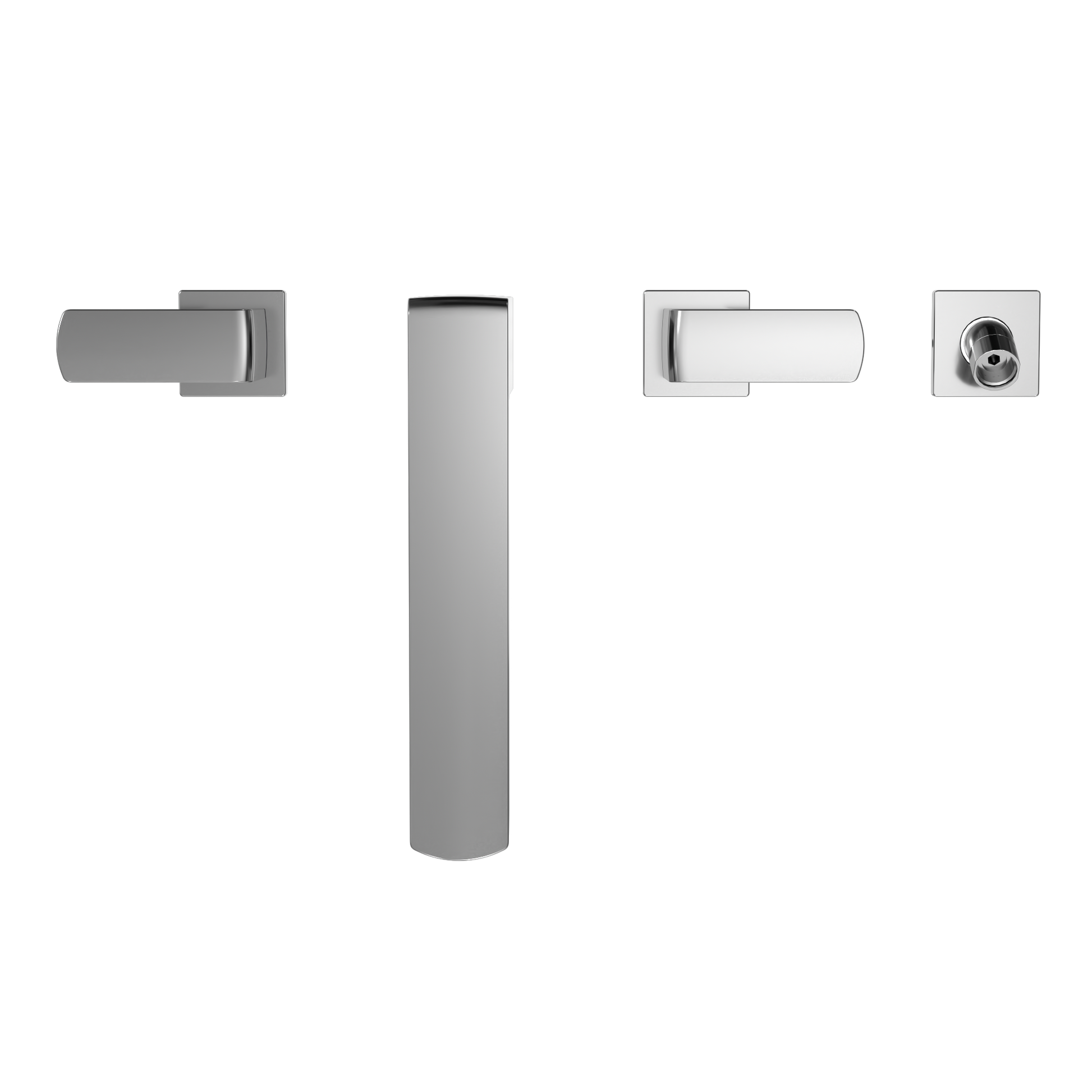 Polished chrome two-handle deck-mount roman tub filler with vertical spout and detachable handshower components.