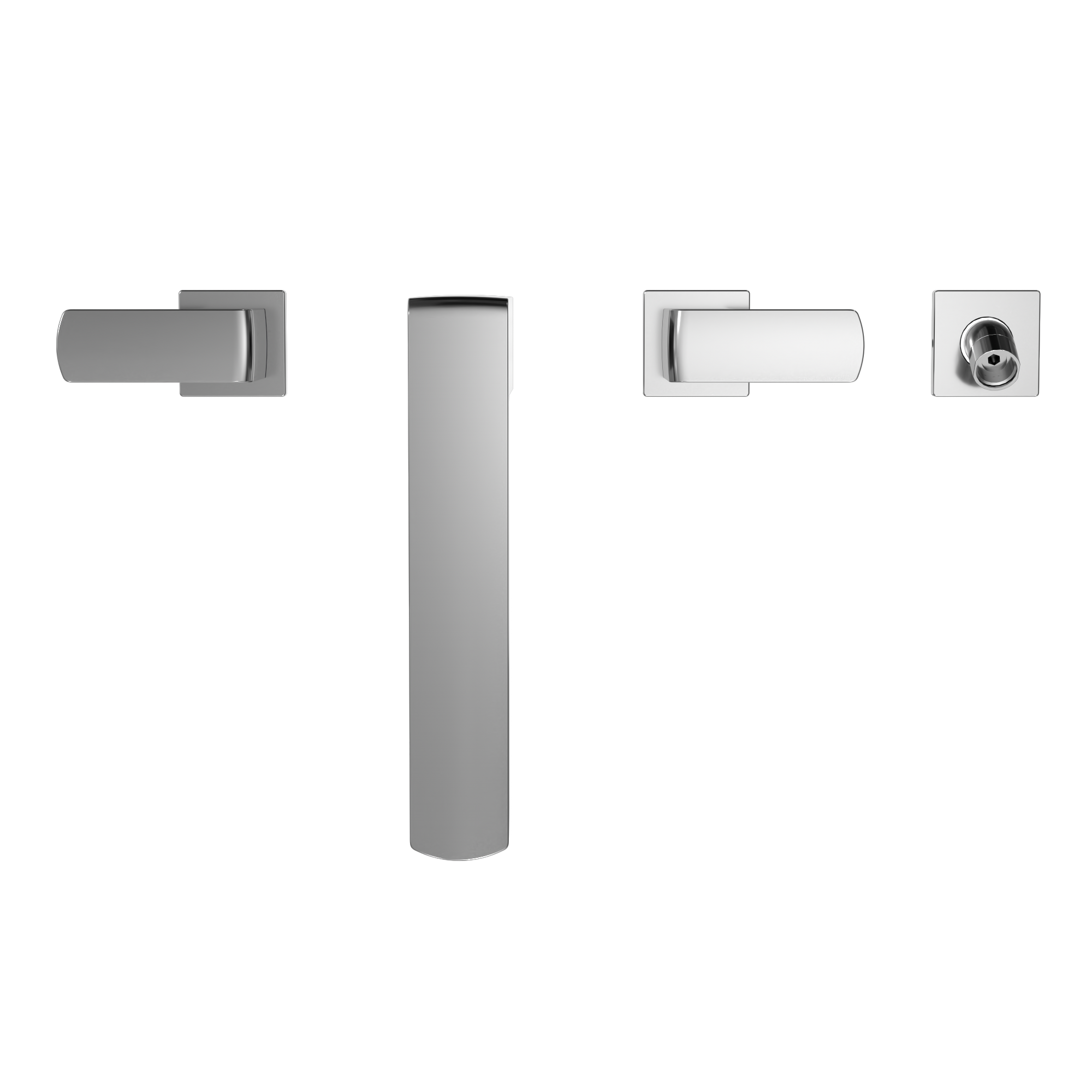 Polished chrome two-handle deck-mount roman tub filler with vertical spout and detachable handshower components.