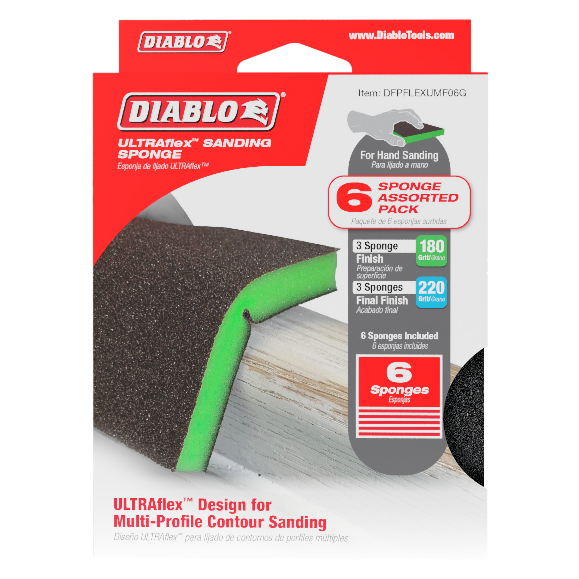 Six-piece assorted sanding sponge pack with ultra fine 180-grit and fine 220-grit foam sponges for hand sanding.