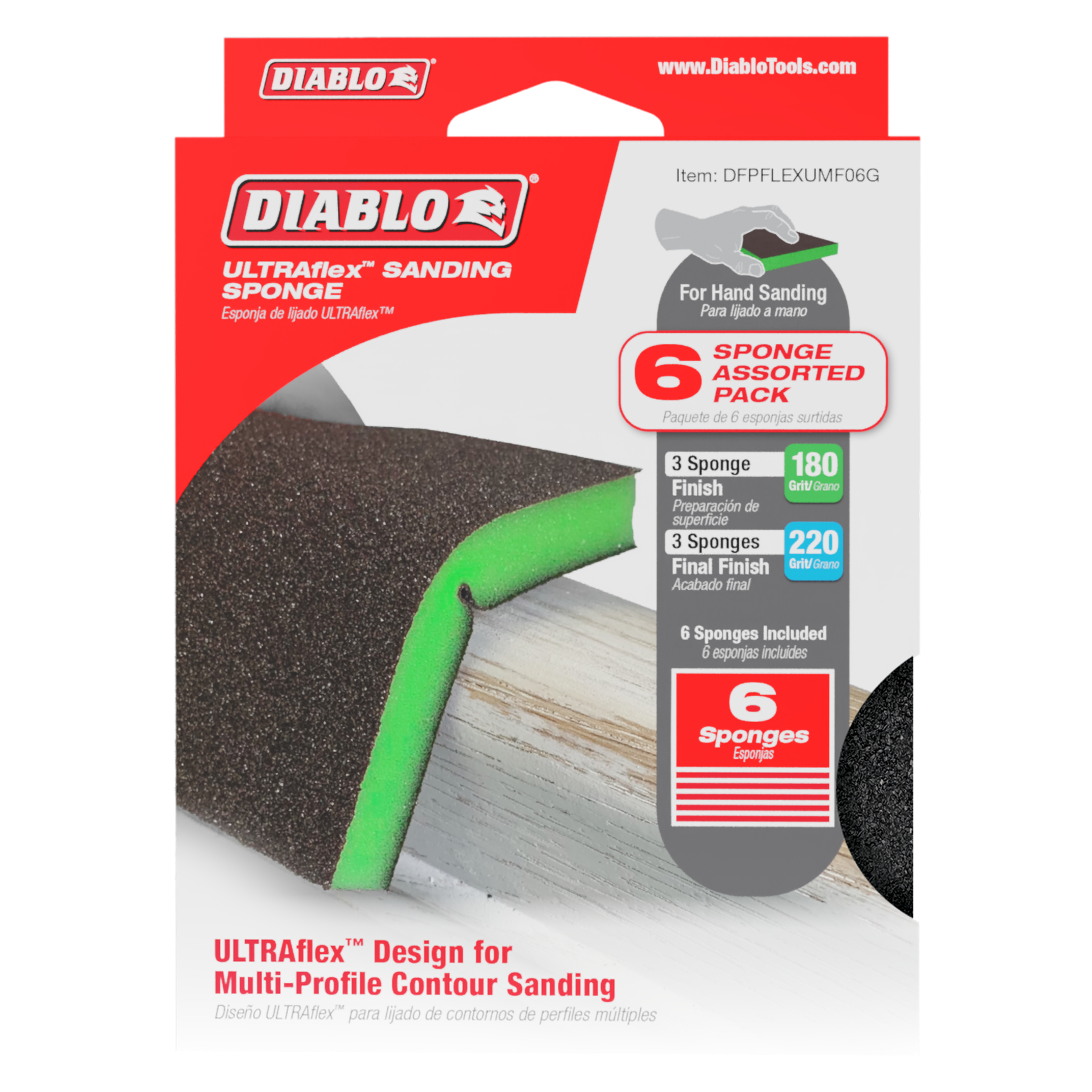 Six-piece assorted sanding sponge pack with ultra fine 180-grit and fine 220-grit foam sponges for hand sanding.