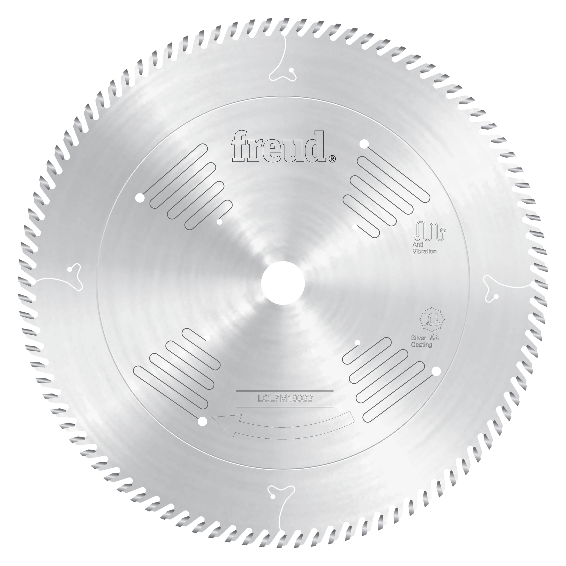12-inch circular saw blade with fine teeth around the perimeter, silver finish, Freud brand markings and model number visible