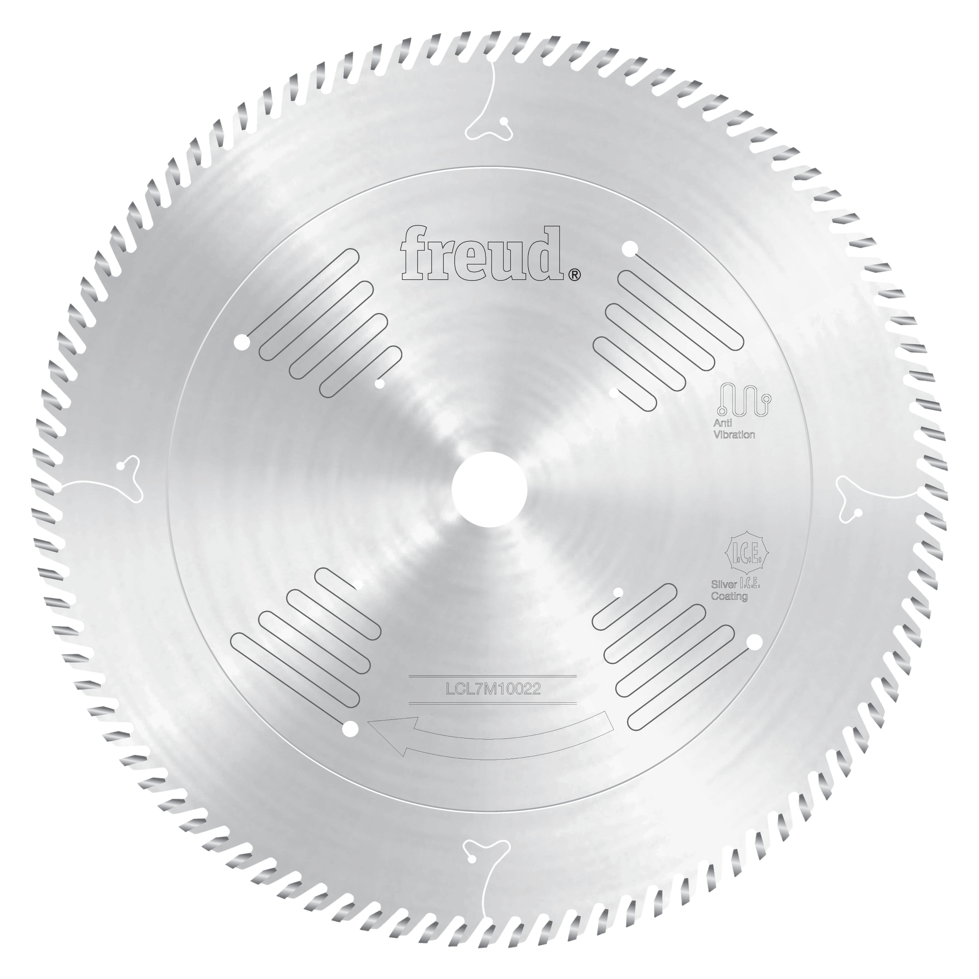 12-inch circular saw blade with fine teeth around the perimeter, silver finish, Freud brand markings and model number visible