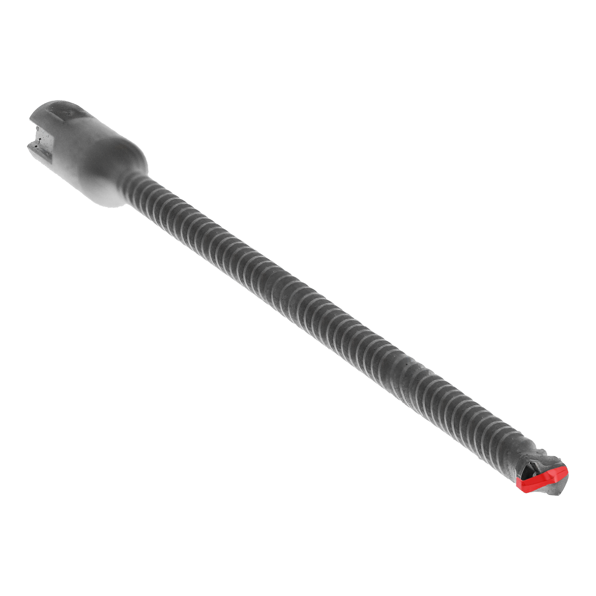 Black SDS-Plus hammer drill bit with ribbed shaft and red cutting head on white background.