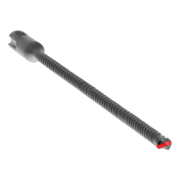 Black SDS-Plus hammer drill bit with grooved shaft and red dual-cutter tip on white background.