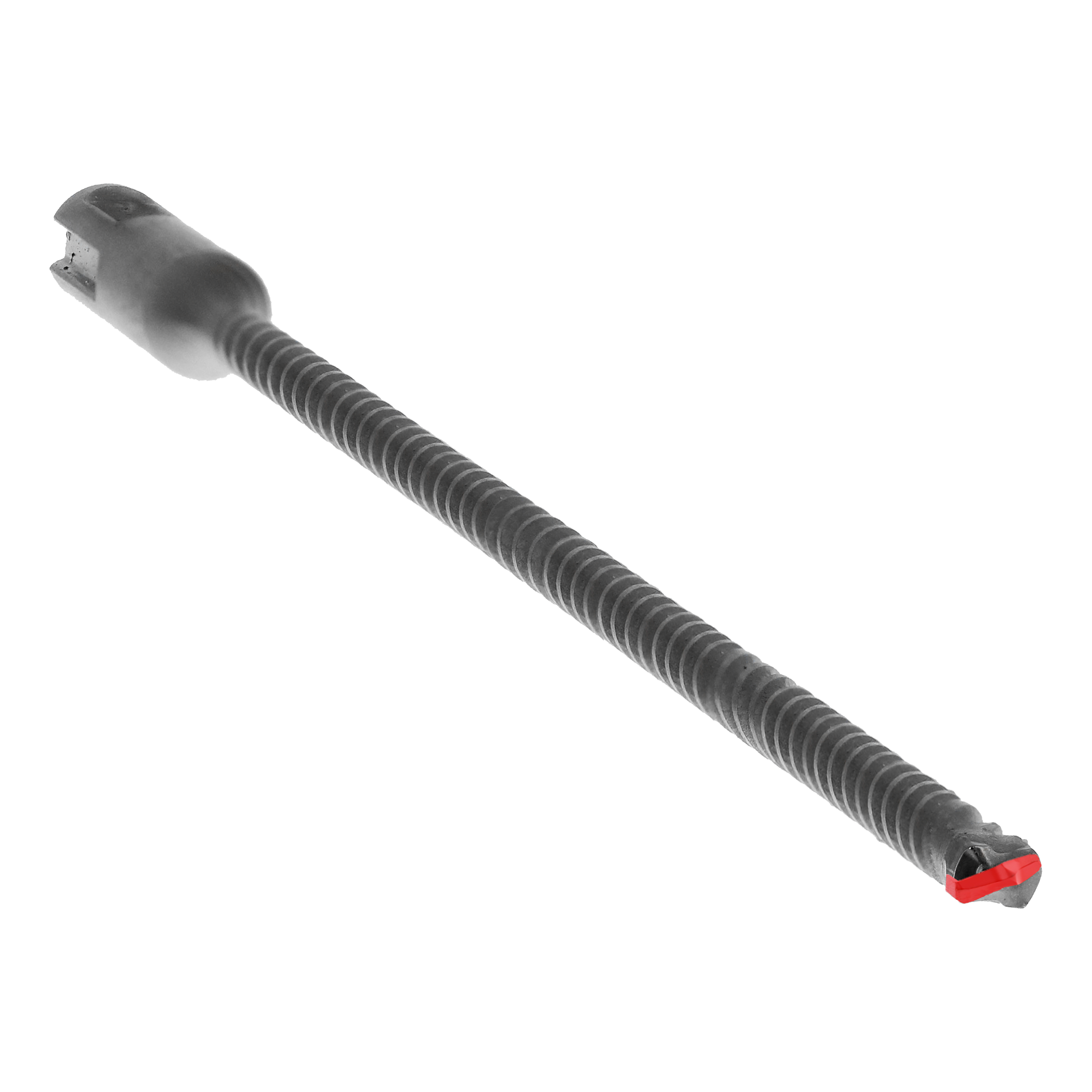 SDS-Plus hammer drill bit with two cutting edges and red tip, featuring grooved shaft and gray plastic shank.