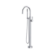 Polished chrome floor-mounted tub filler with curved spout, hand shower, and knurled lever handle.