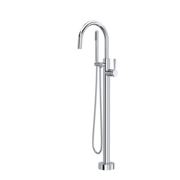 Polished chrome floor-mounted tub filler with curved spout, hand shower, and knurled lever handle.