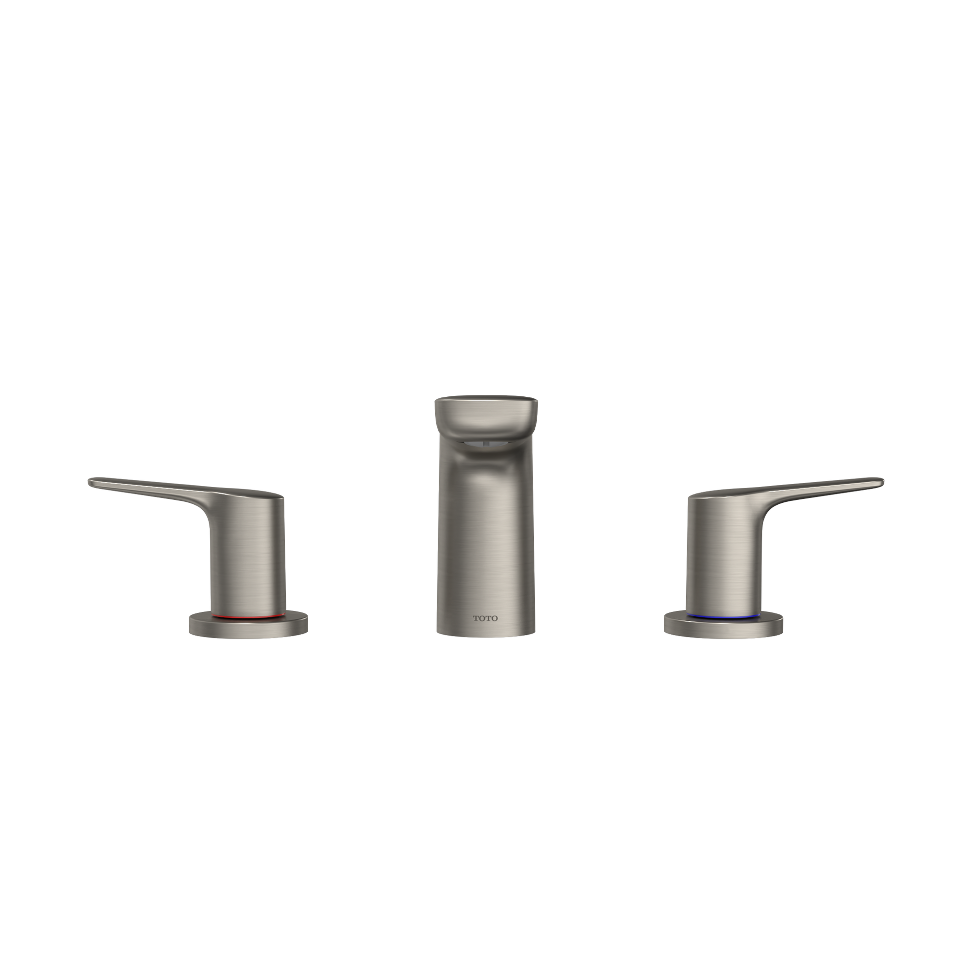 Brushed nickel two-handle roman tub filler trim with center spout and lever handles on round bases.