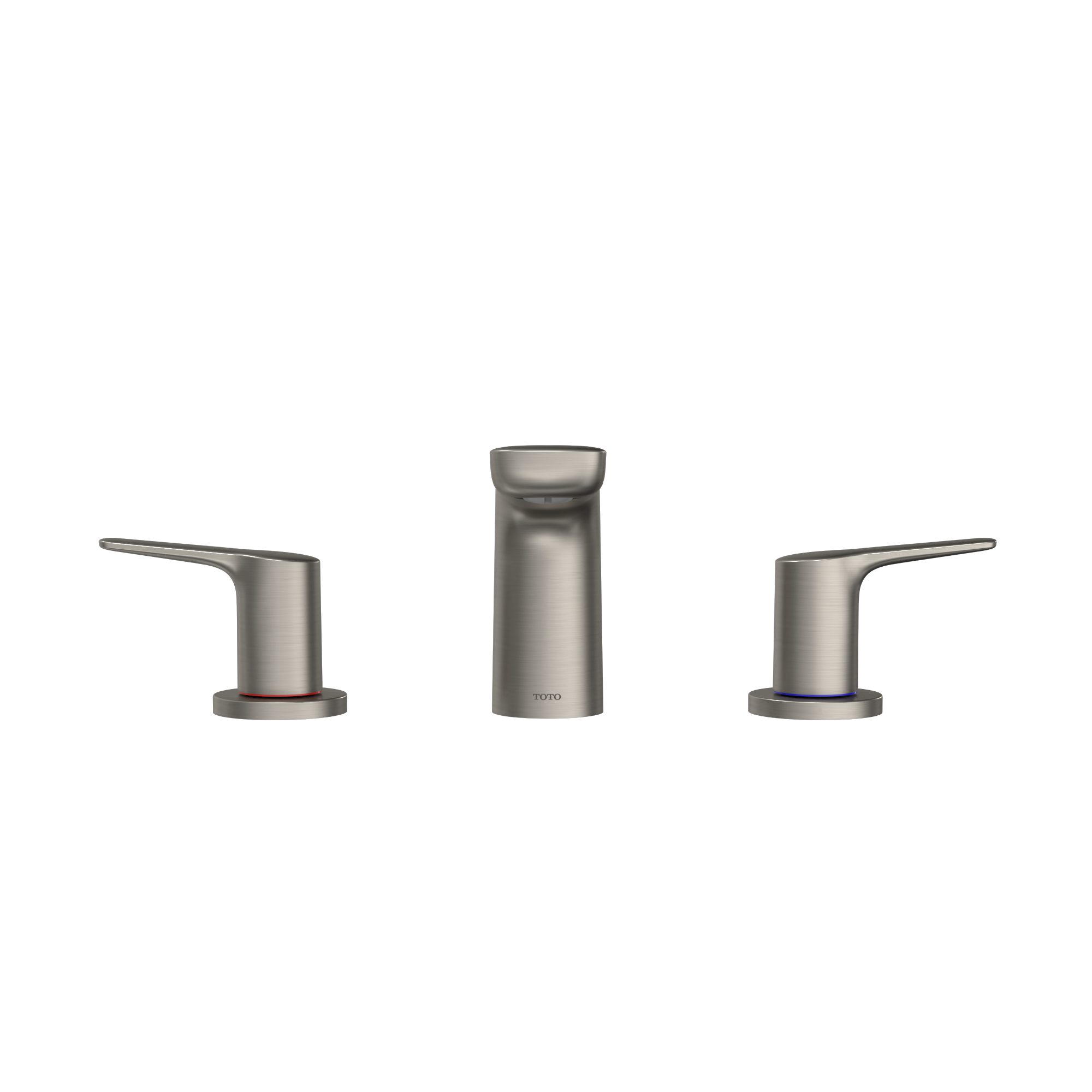 Brushed nickel two-handle roman tub filler trim with center spout and lever handles on round bases.