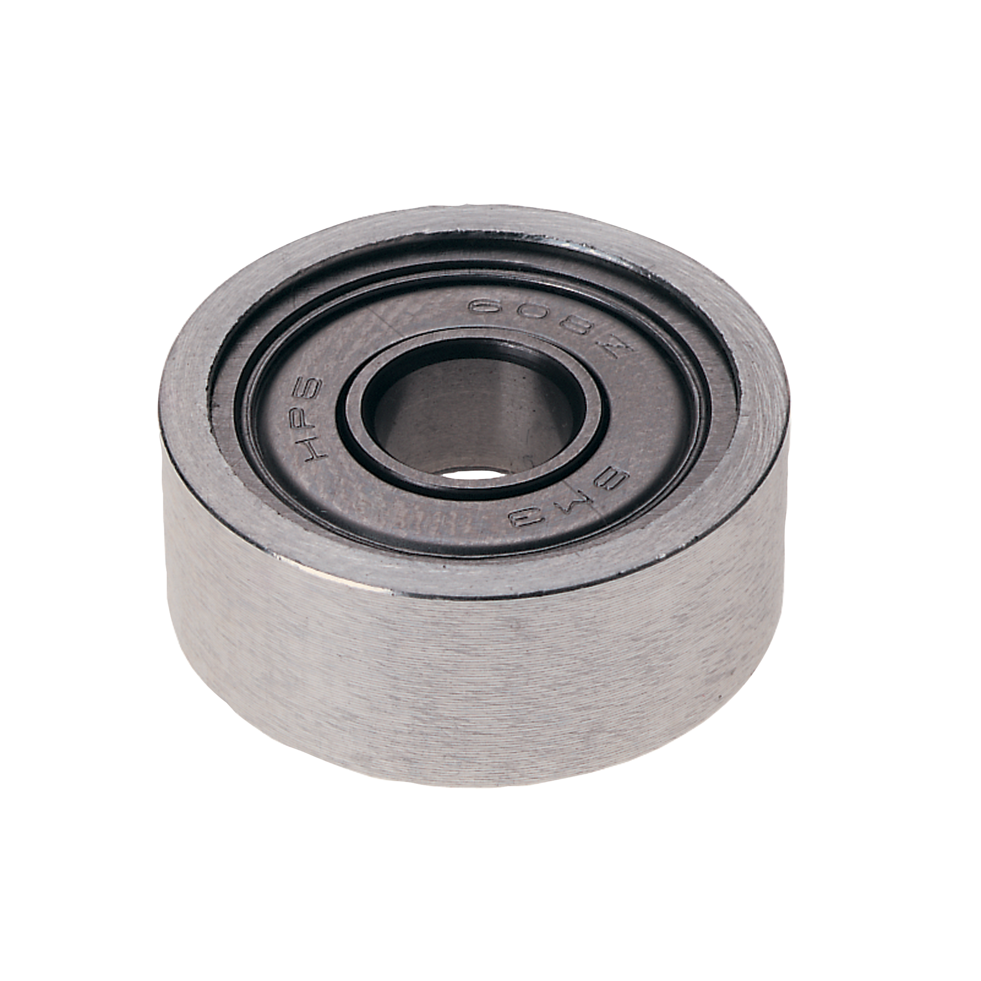 Silver cylindrical ball bearing with dark inner races and center hole, labeled with manufacturer markings.