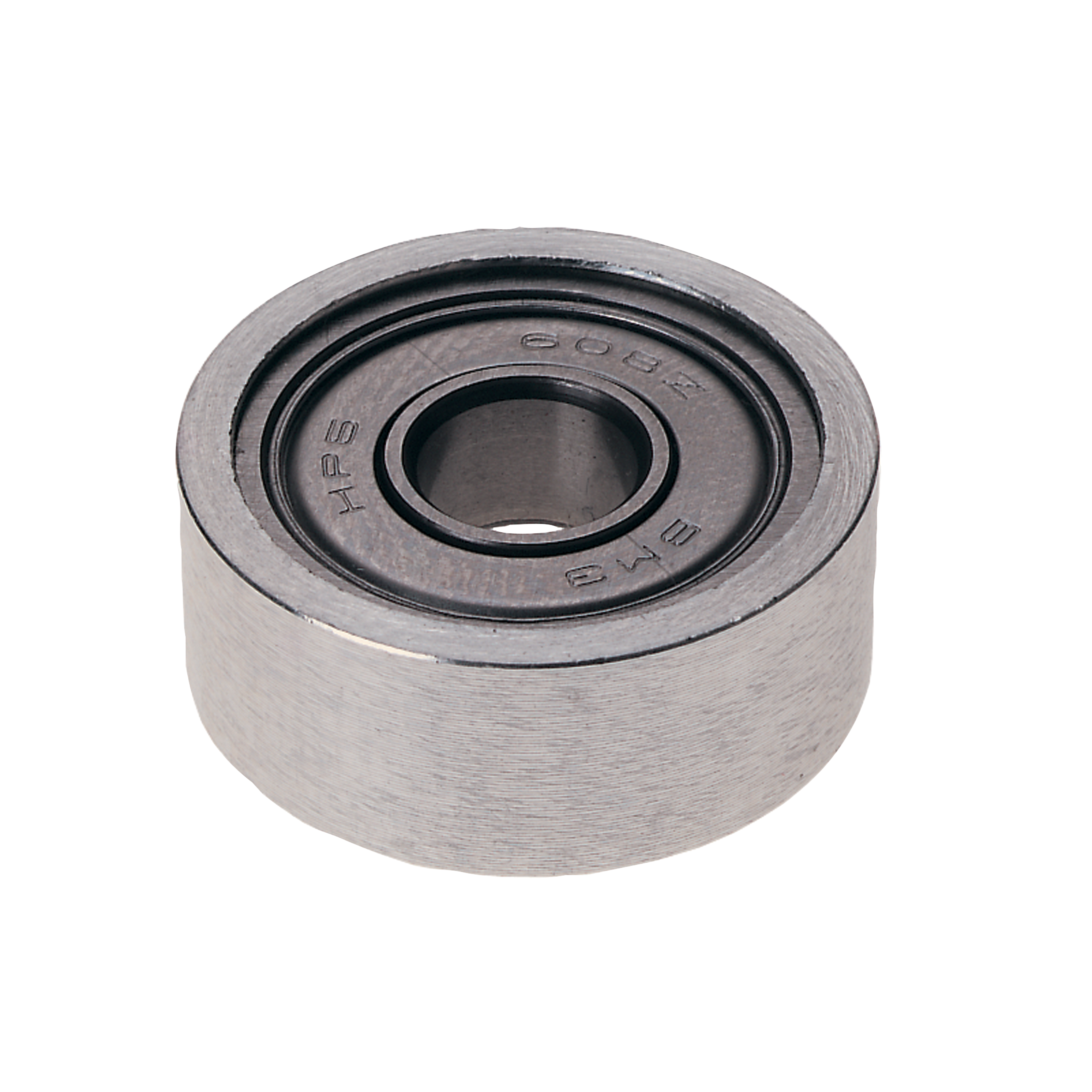 Silver cylindrical ball bearing with dark inner races and center hole, labeled with manufacturer markings.