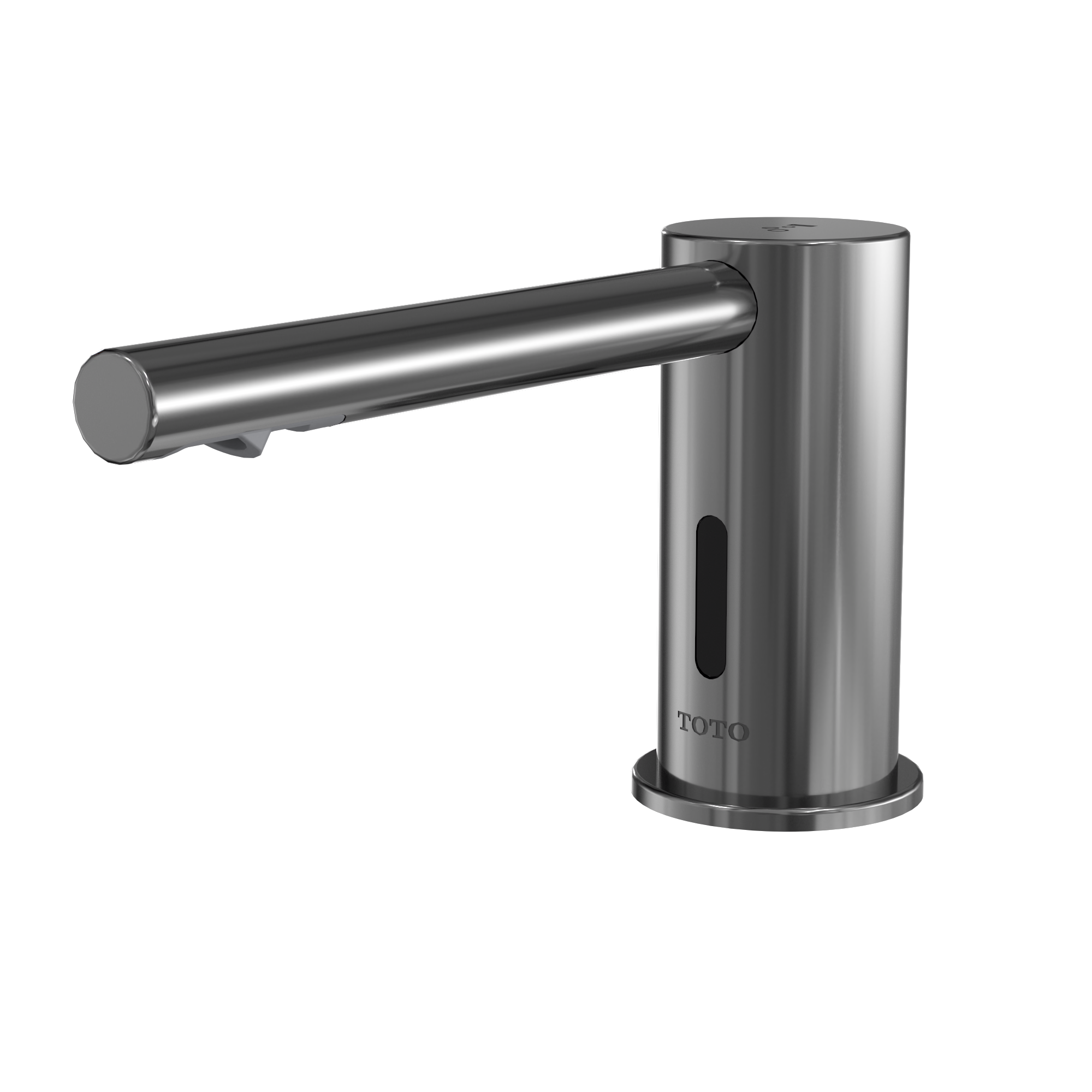 Polished chrome round automatic soap dispenser with cylindrical body, sensor window, and curved spout.