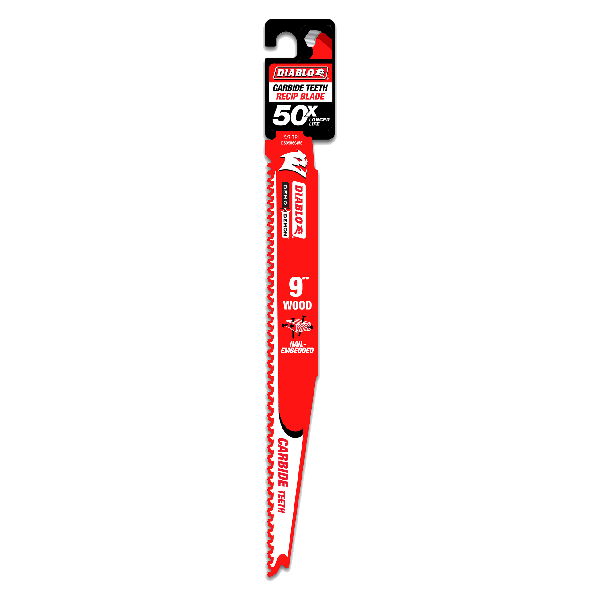 Diablo 9-inch carbide teeth reciprocating saw blade with red packaging and black hook-style mount.