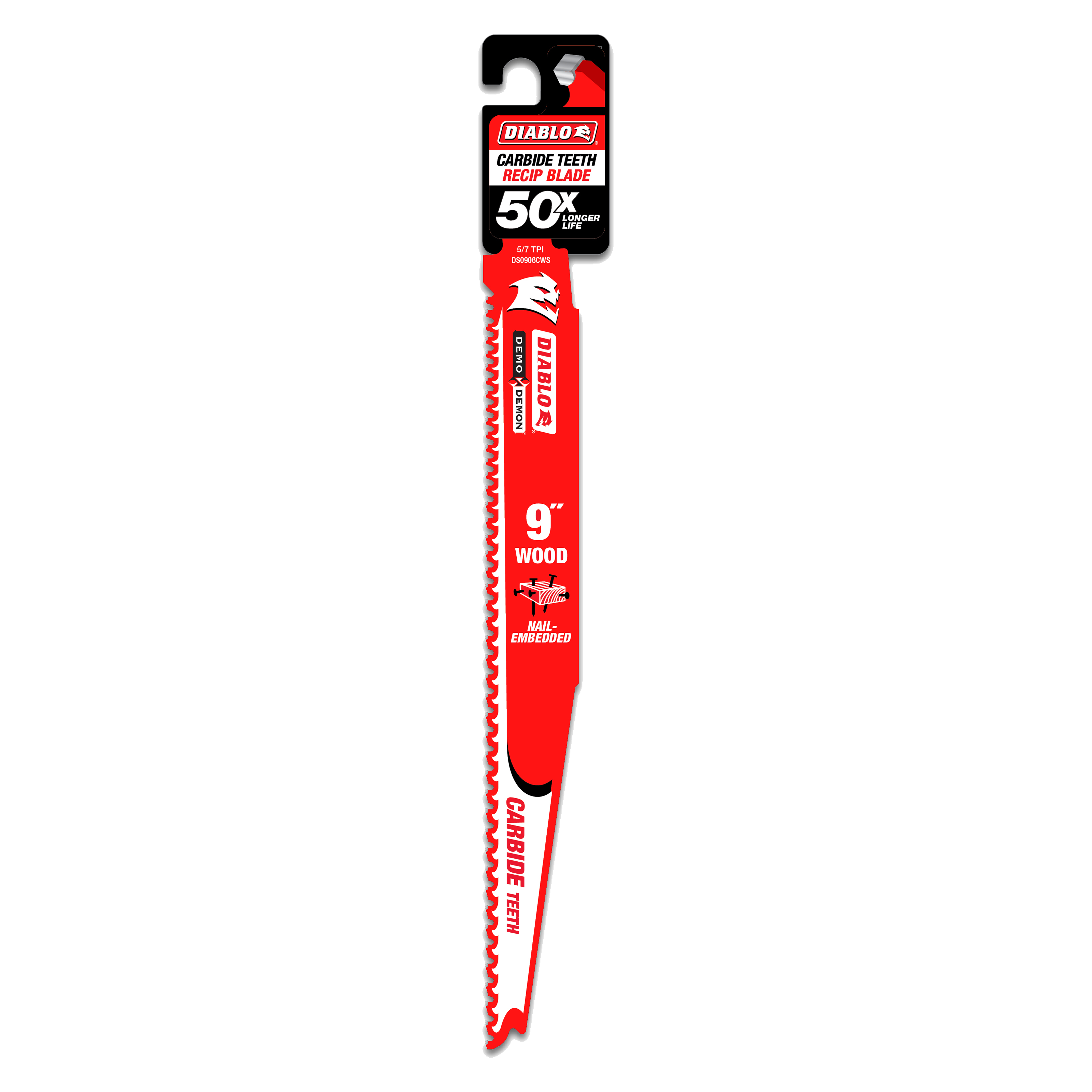 Diablo 9-inch carbide teeth reciprocating saw blade with red packaging and black hook-style mount.