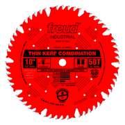 Red circular saw blade with 50 teeth, thin kerf design, 10-inch diameter, 5/8-inch arbor, white tooth tips, Freud branding.