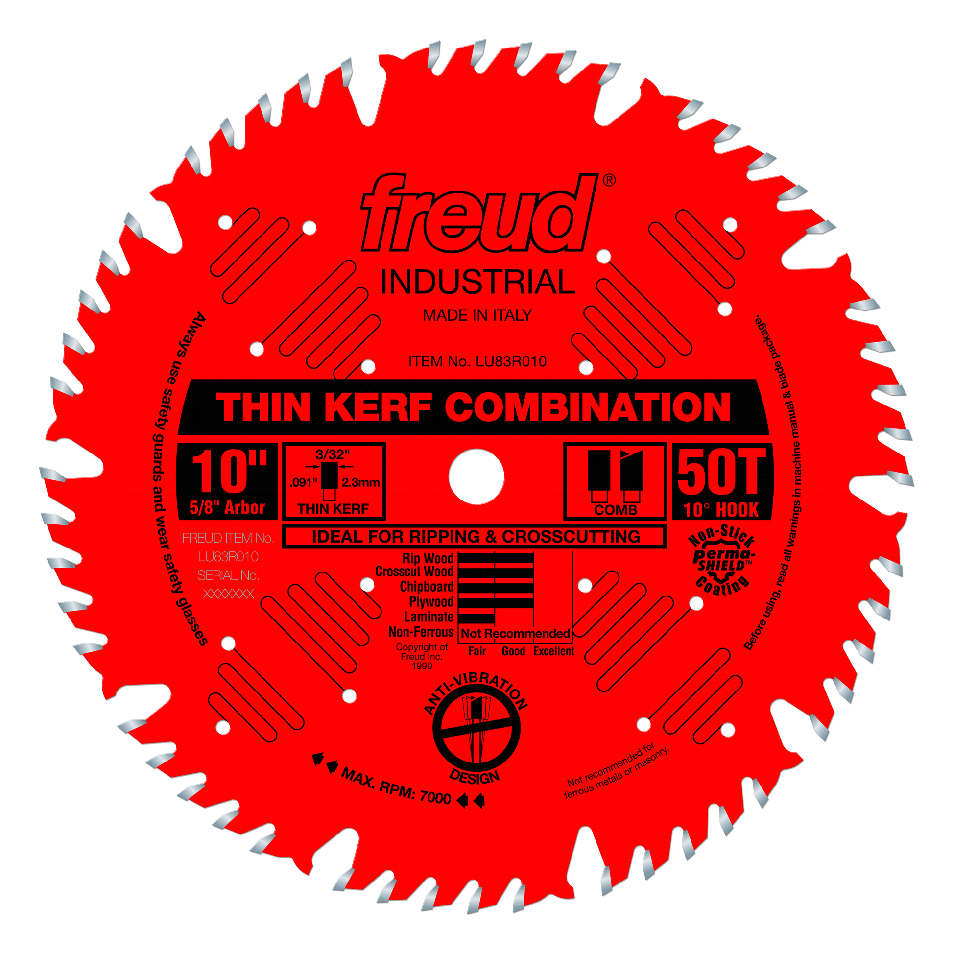 Red circular saw blade with 50 teeth, thin kerf design, 10-inch diameter, 5/8-inch arbor, white tooth tips, Freud branding.