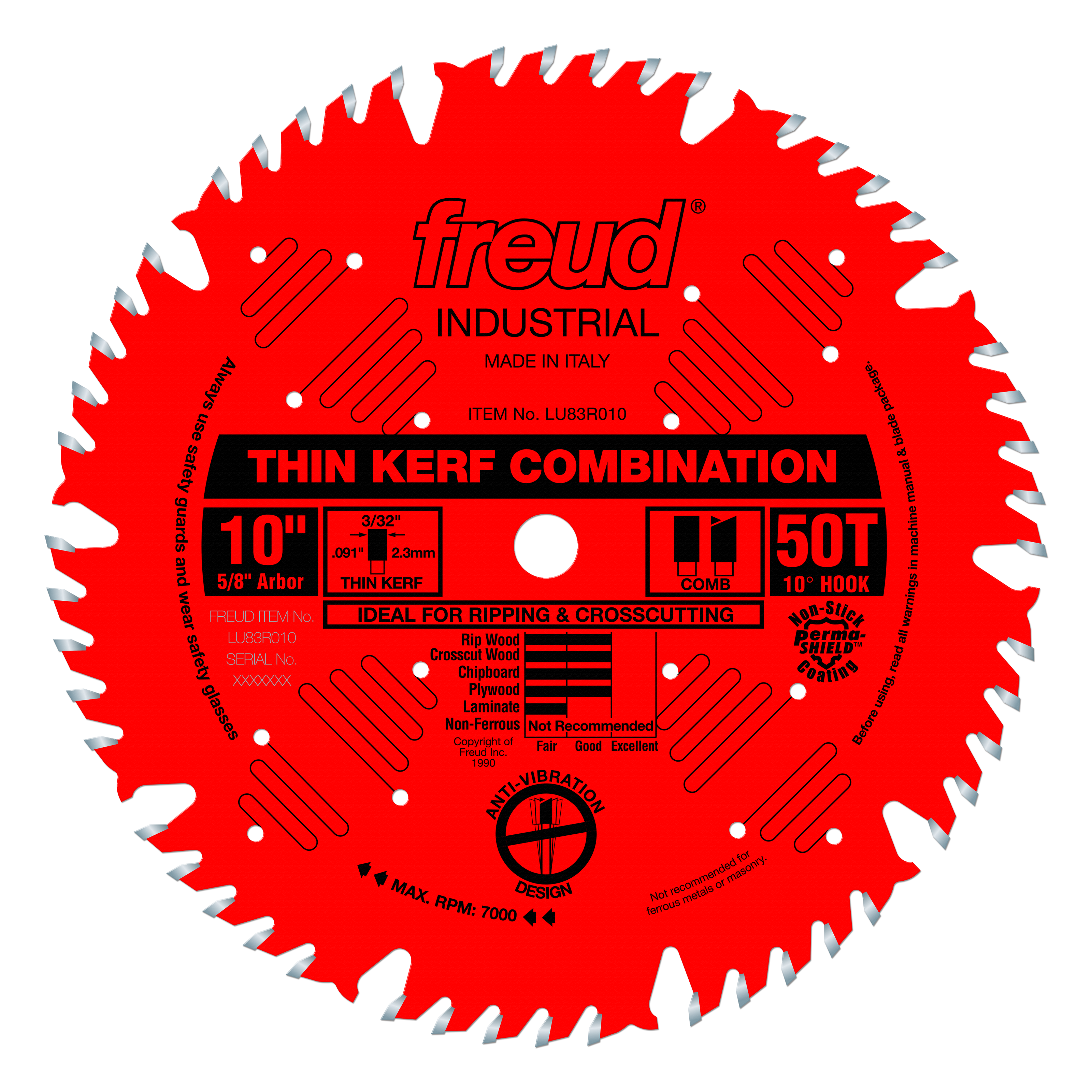 Red circular saw blade with 50 teeth, thin kerf design, 10-inch diameter, 5/8-inch arbor, white tooth tips, Freud branding.