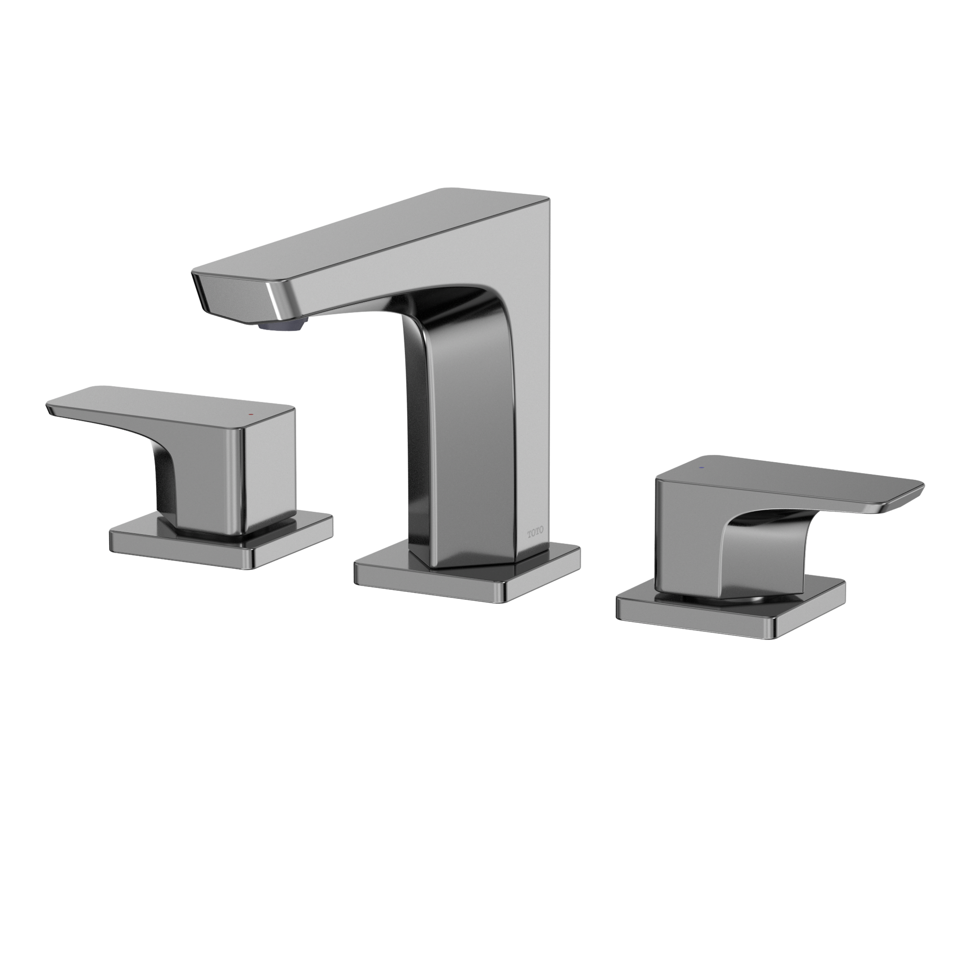 Polished chrome two-handle widespread bathroom sink faucet with curved spout and rectangular handles.