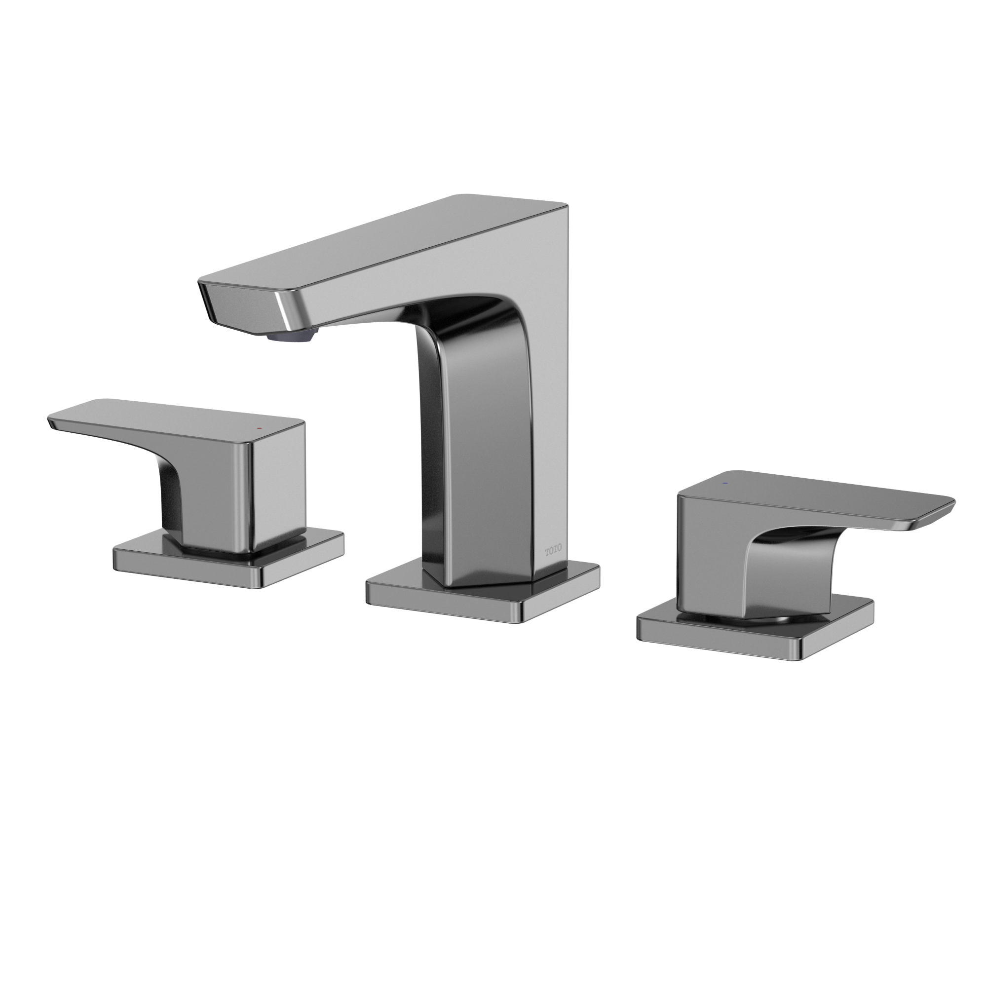 Polished chrome two-handle widespread bathroom sink faucet with curved spout and rectangular handles.