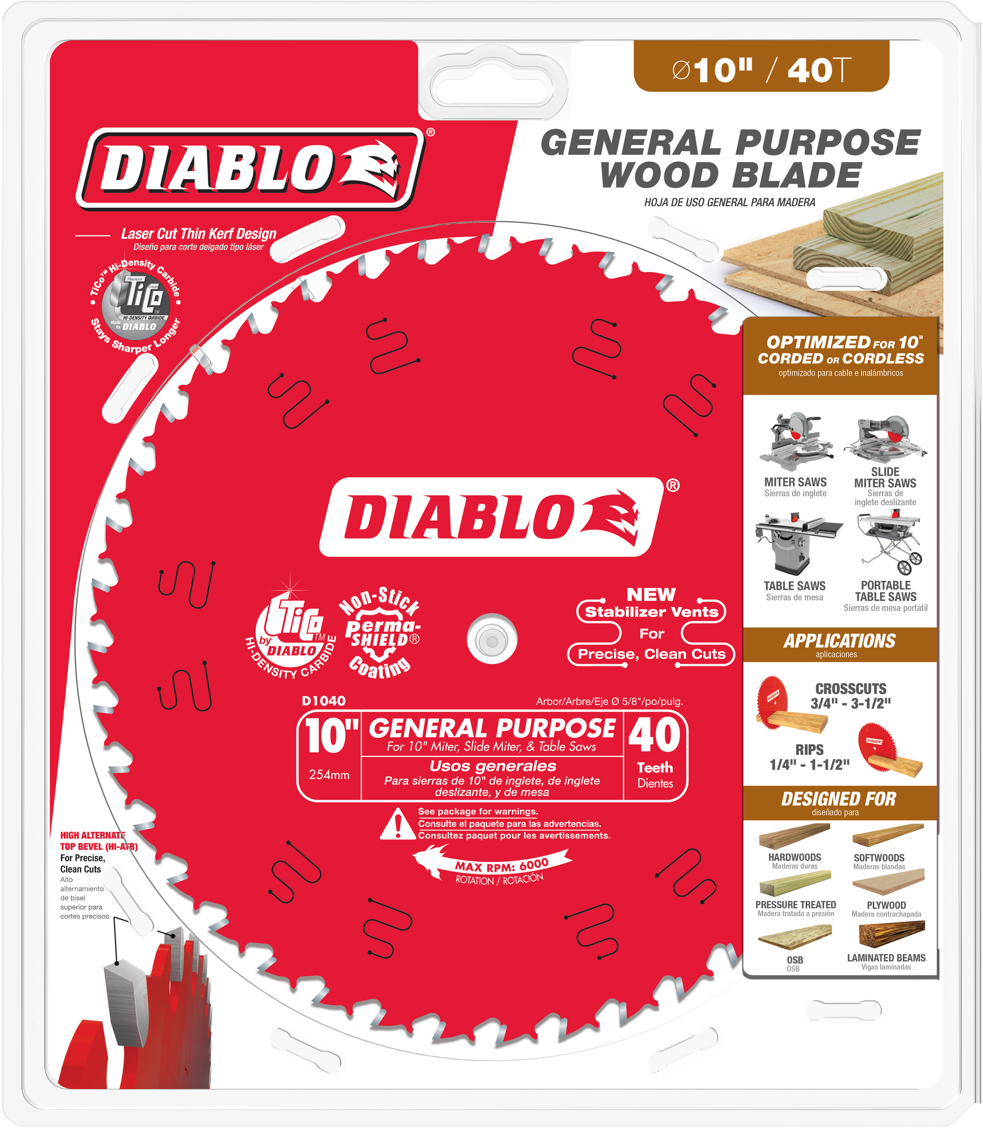 Diablo 10-inch circular saw blade with 40 teeth on red packaging showing blade specifications and application details.