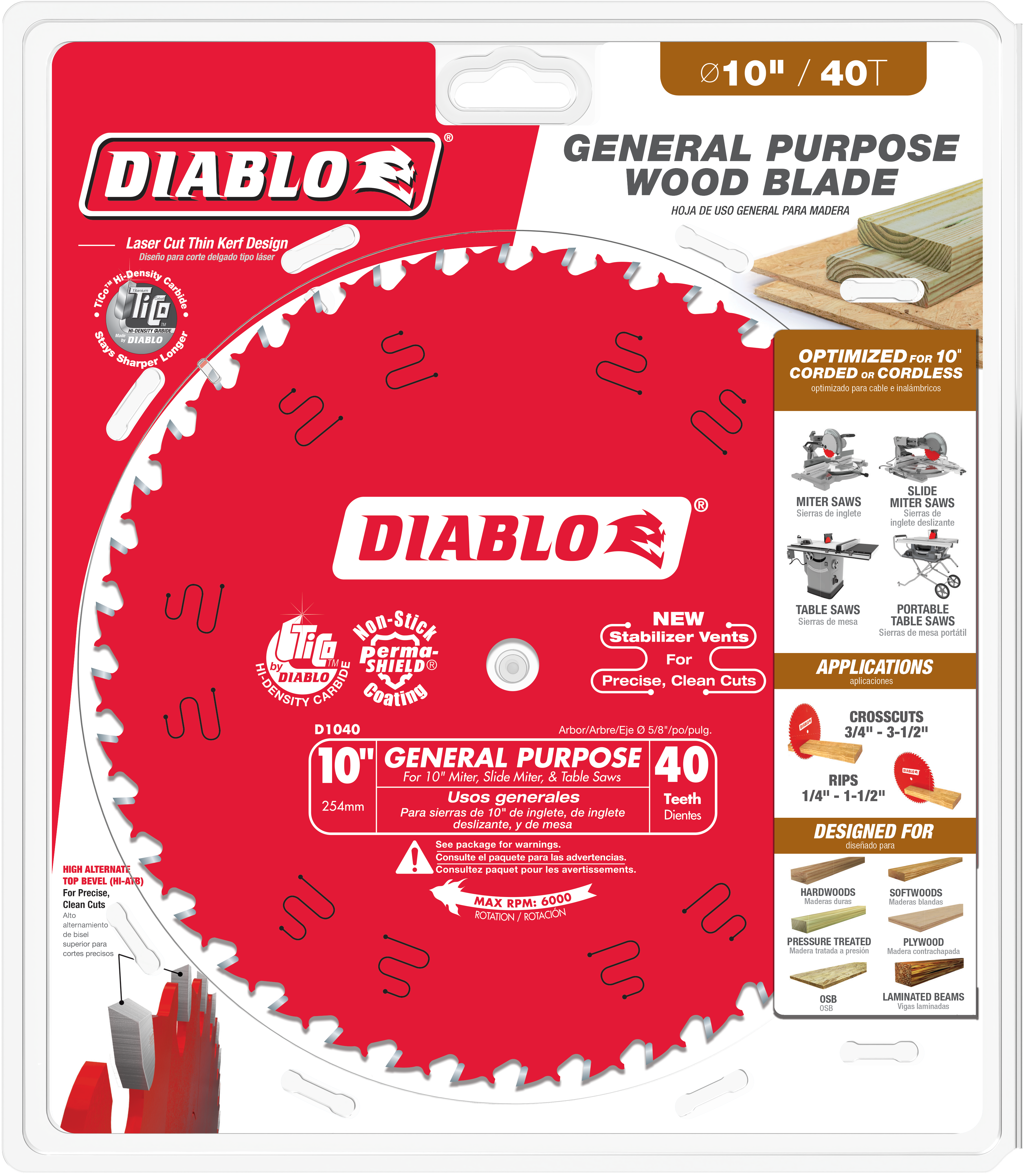 Diablo 10-inch circular saw blade with 40 teeth on red packaging showing blade specifications and application details.